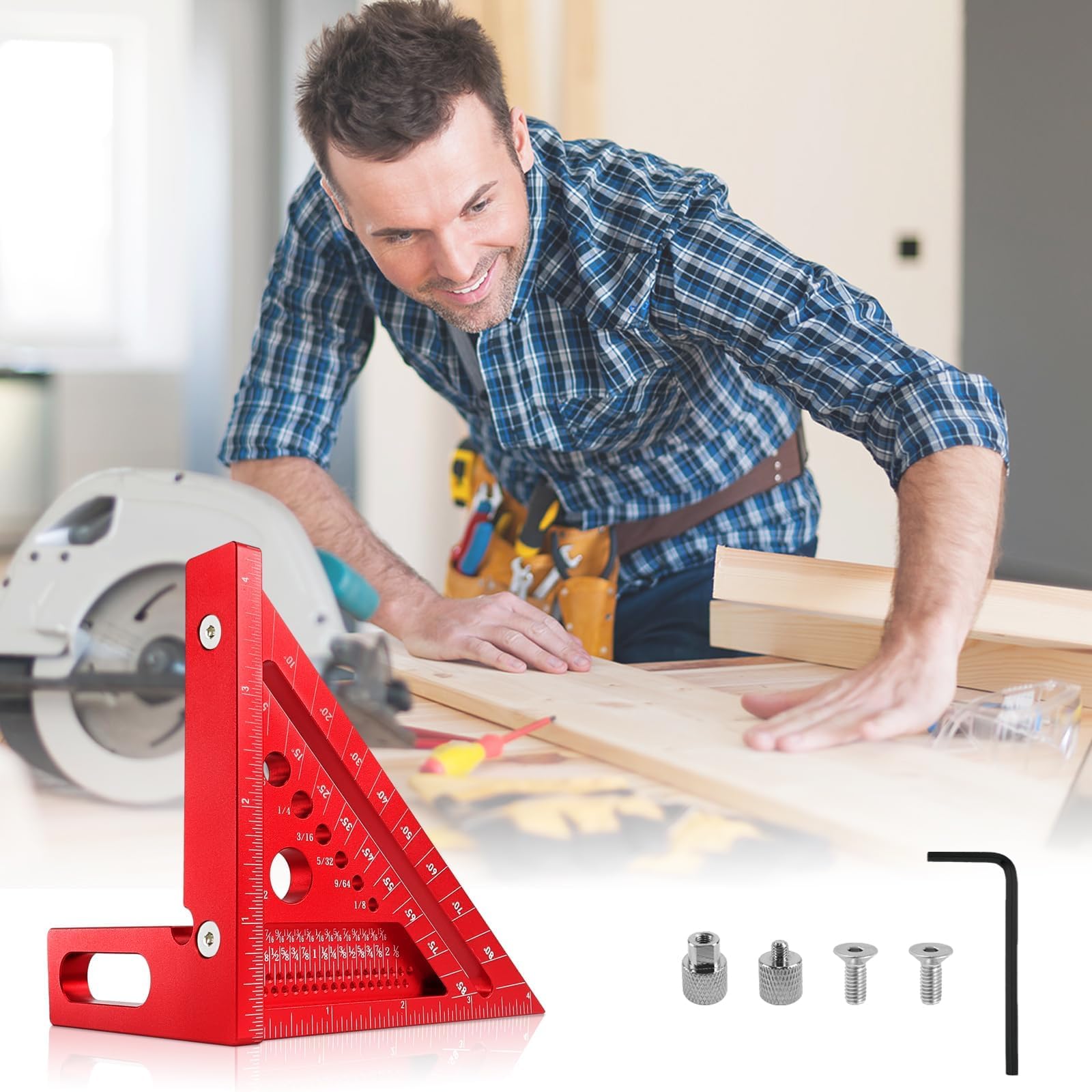 TOURACE Multi-Angle Measuring Ruler – Slide Combination Square, 18-Angle Precision Woodworking Layout Tool, Aluminum Alloy, Red – Compact 4x4x2" Protractor