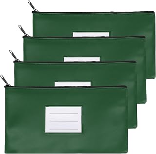 PATIKIL 11x6 Money Bank Deposit Bag with Zipper, 4 Pcs Leatherette Coin Check Wallet Pen Pouch Bag with Clear Window for Office Travel, Dark Green