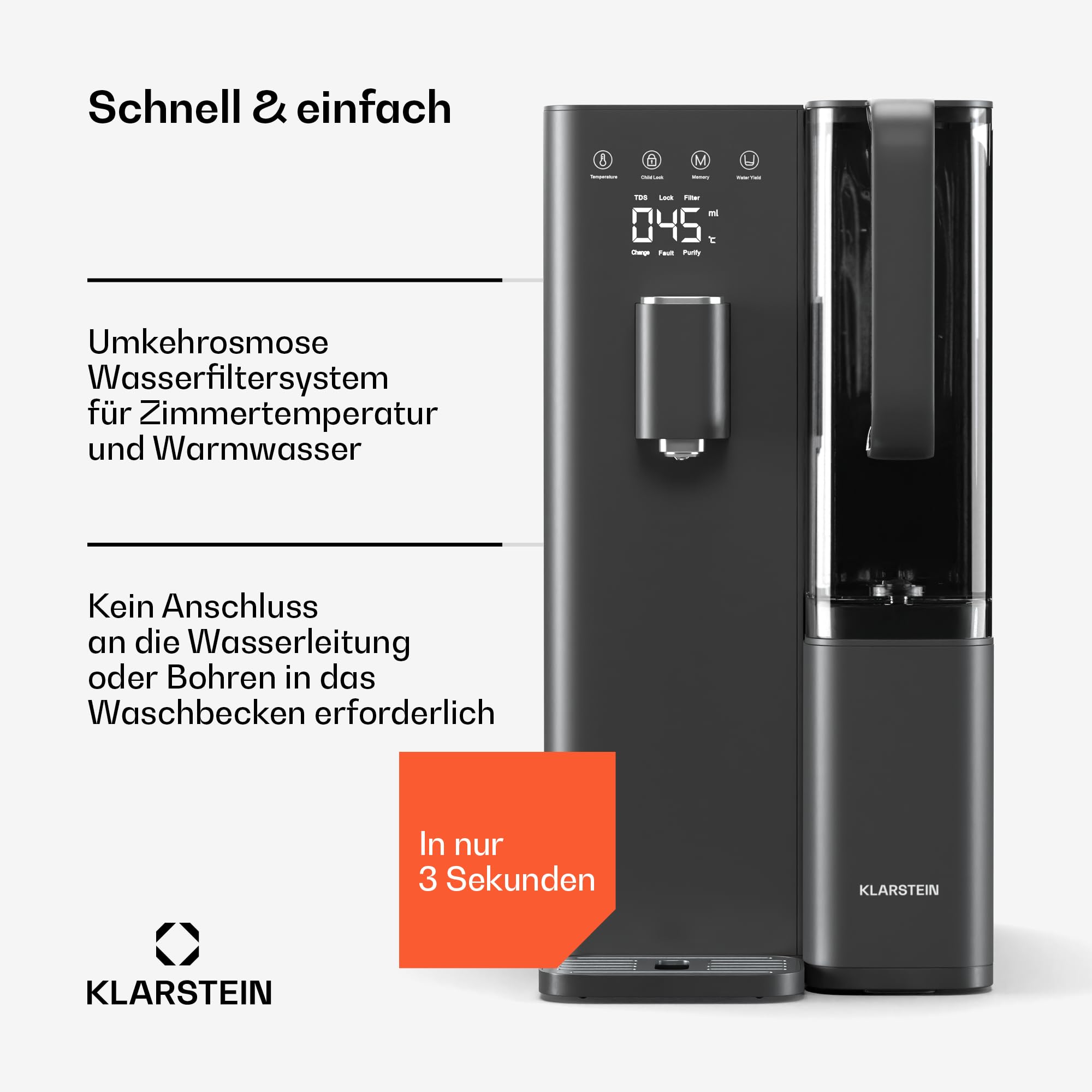 Klarstein VitalPour Osmoseanlage - 5-Stufen Umkehrosmosefiltration, Heißwasser in 3 Sek., 5L Tank & 1,5L Krug, 5 Temperaturstufen, Touch-Display, Kindersicherung, Einfacher Einbau
