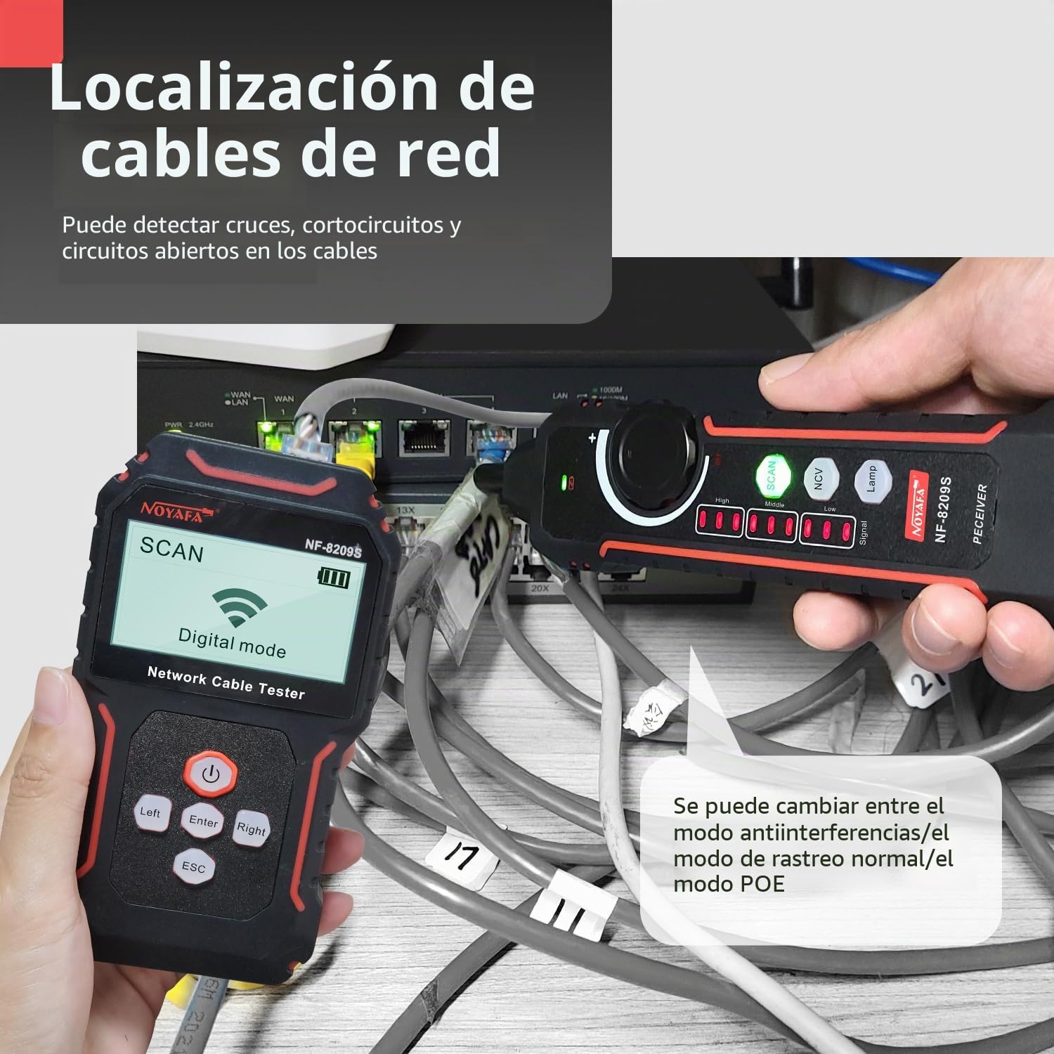 NOYAFA Probador de cable de red con POE, trazador de cables con prueba de longitud de cable, puerto intermitente, NCV para cable de red, compatible con carga tipo C NF-8209S