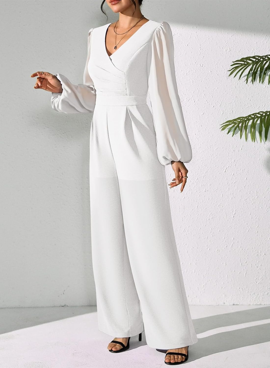 Pink Queen Jumpsuits for Women Dressy Patchwork Chiffon Sleeve V Neck Wide Leg Romper Holiday Party Outfits - Image 7