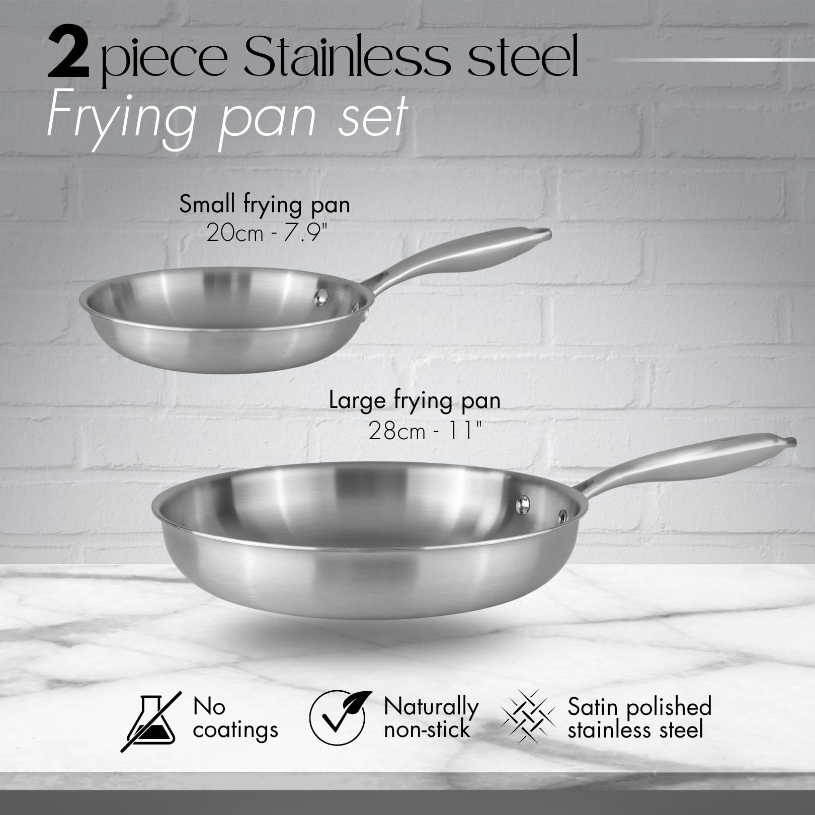 nuovva Stainless Steel Frying Pan Set – 2pcs Induction Hob Pan Set – Naturally Non-Stick Tri-Ply Stainless Steel – 20cm & 28cm Cooking Pans — view 2