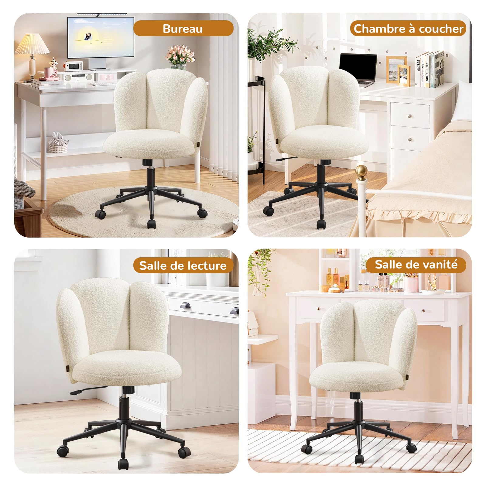Fauteuil de Bureau, Chaise de Coiffeuse, Chaise Bureau Réglable en Hauteur avec Dossier Inclinable Pivotante à 360°, Fauteuil Coquillage Design Fleur en Bouclé pour Salon Chambre, Blanc