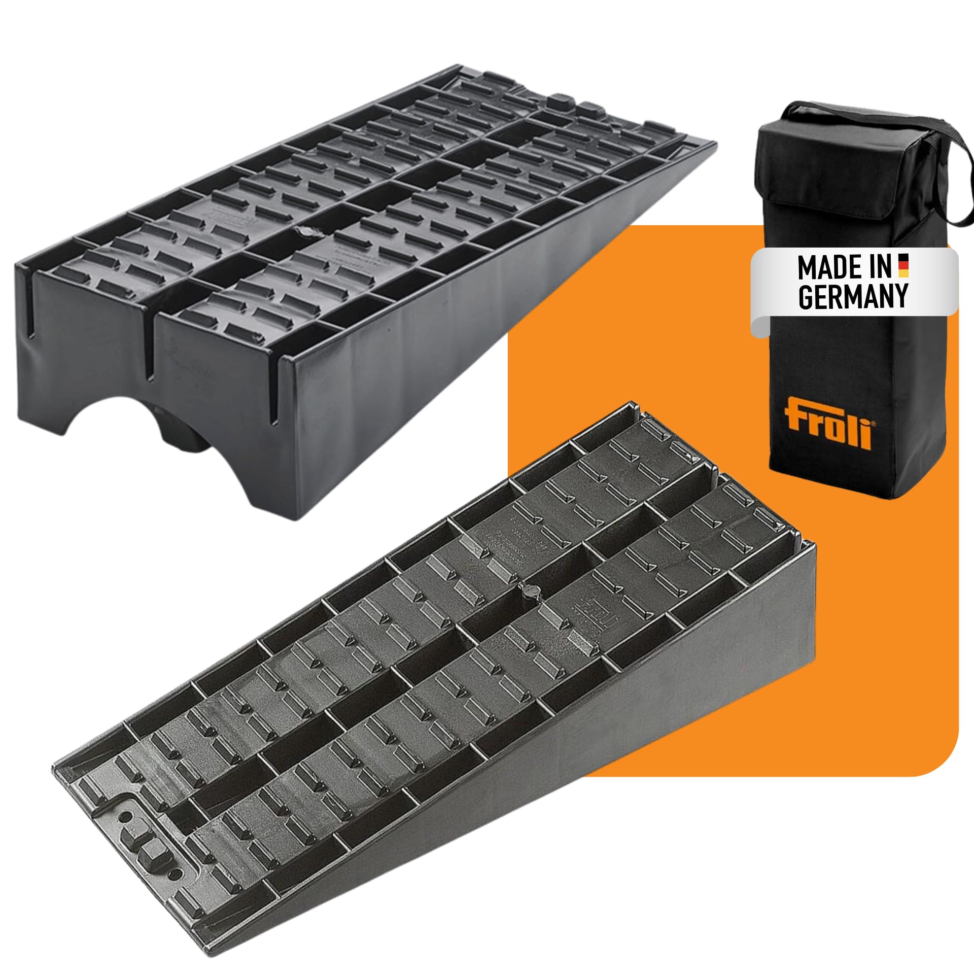 Froli Maxi-Keil 2er Set – Auffahrkeile für Wohnmobil, Wohnwagen & PKW inkl. Tasche – 5 t pro Keil (20 t ges.), rutschfeste Profiloberfläche – Made in Germany