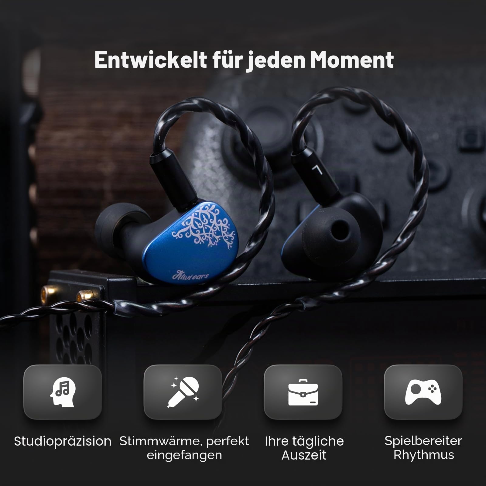 Kiwi Ears Cadenza II In-Ear-Monitor, 10 mm Titanium Dynamic Driver IEM Kopfhörer mit KARS 2.0 für präzise Klangbalance – CNC-Aluminium-Panel mit abnehmbarem 2-poligem Kabel für Musiker