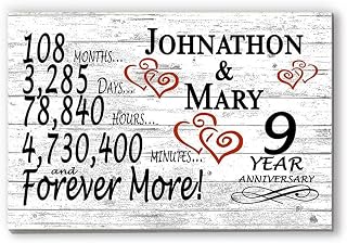 Personalized 9 Year Anniversary Sign Gift 9th Wedding Anniversary Present For Couple Days Minutes Years - Solid Wood - 16.5in x 10.5in x .75in (09 Year)
