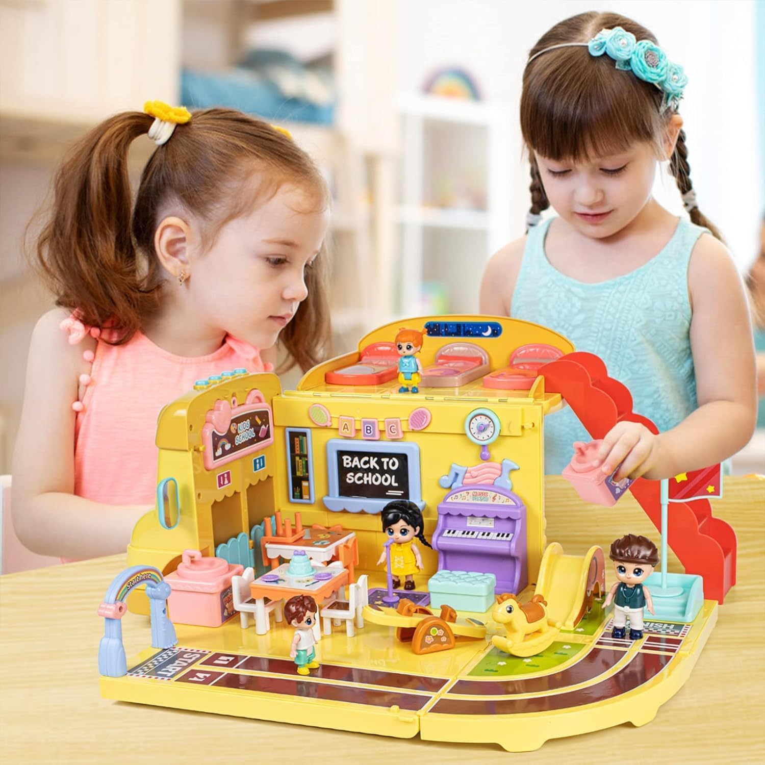 Pihura Dollhouse Camper Van, Portable School Bus Building Kit Dolls Pretend Play Vehicle with Stair, Transforming Doll House Preschool Storage Camper Toy with Music Fit Girls Ages 3+ 1