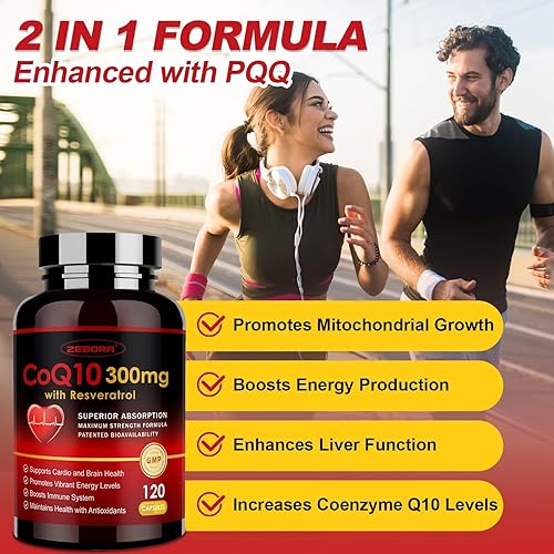 Miniatura 5 de ZEBORA CoQ10-300mg con Trans-Resveratrol, PQQ y Vitamina E - Coenzima Q10 de alta absorción con BioPerine - Potente antioxidante para corazón y