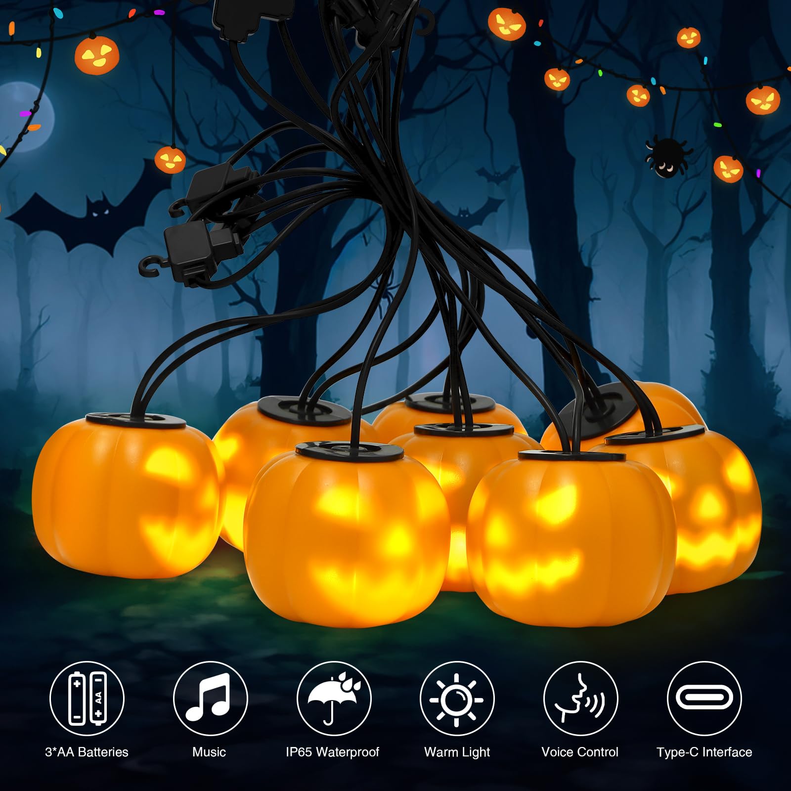 Guirlande Lumineuse Halloween - 8 Lanternes Citrouilles Animées - Projection, Musique - 4.5 M - Alimentation USB/piles