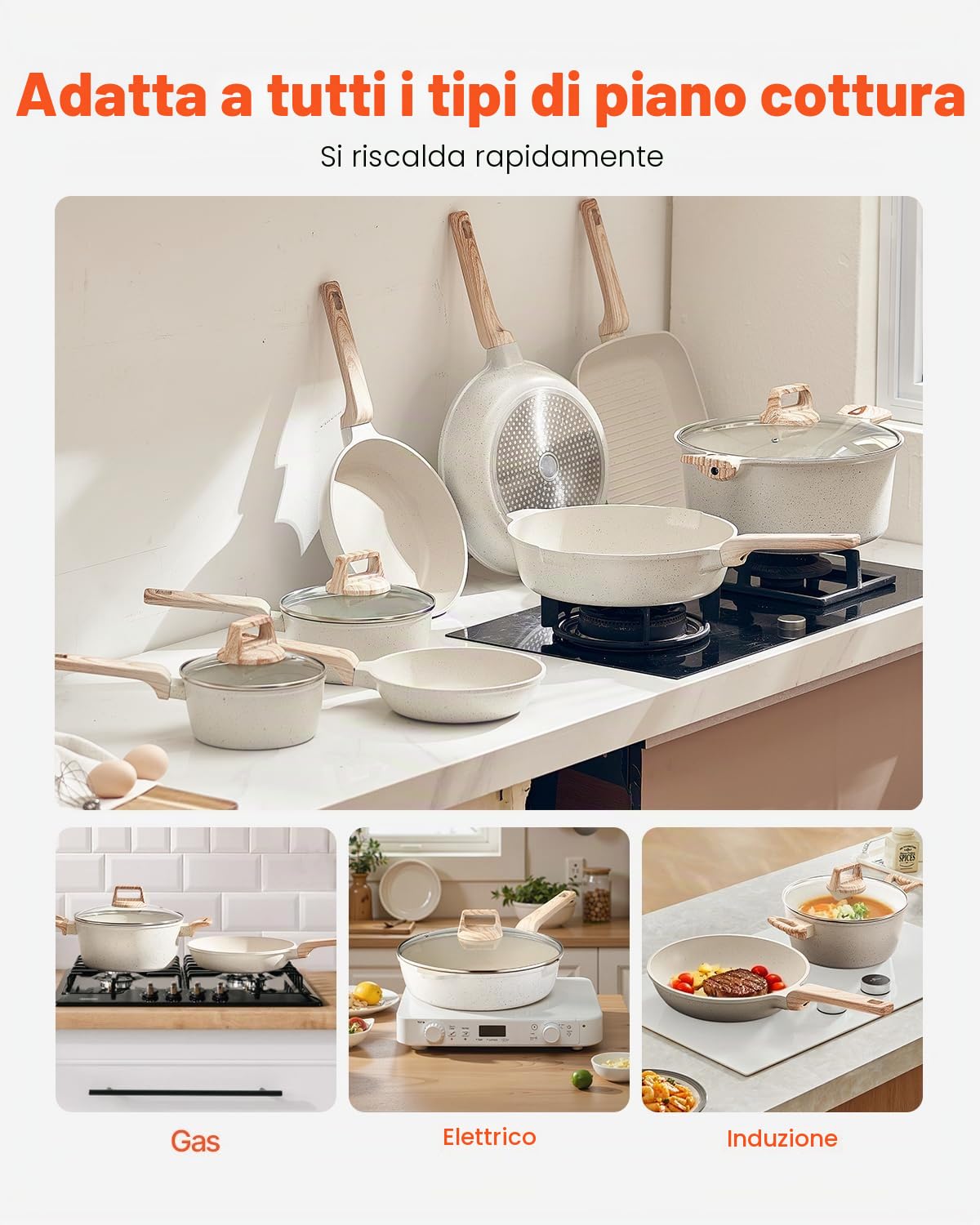VEVOR Set di Pentole, Padelle Antiaderenti in Granito con Manico, Set di Pentole a Induzione da Cucina per Camper, con Frittura, Coperchi in Vetro Temperato, Bianco 19 Pezzi