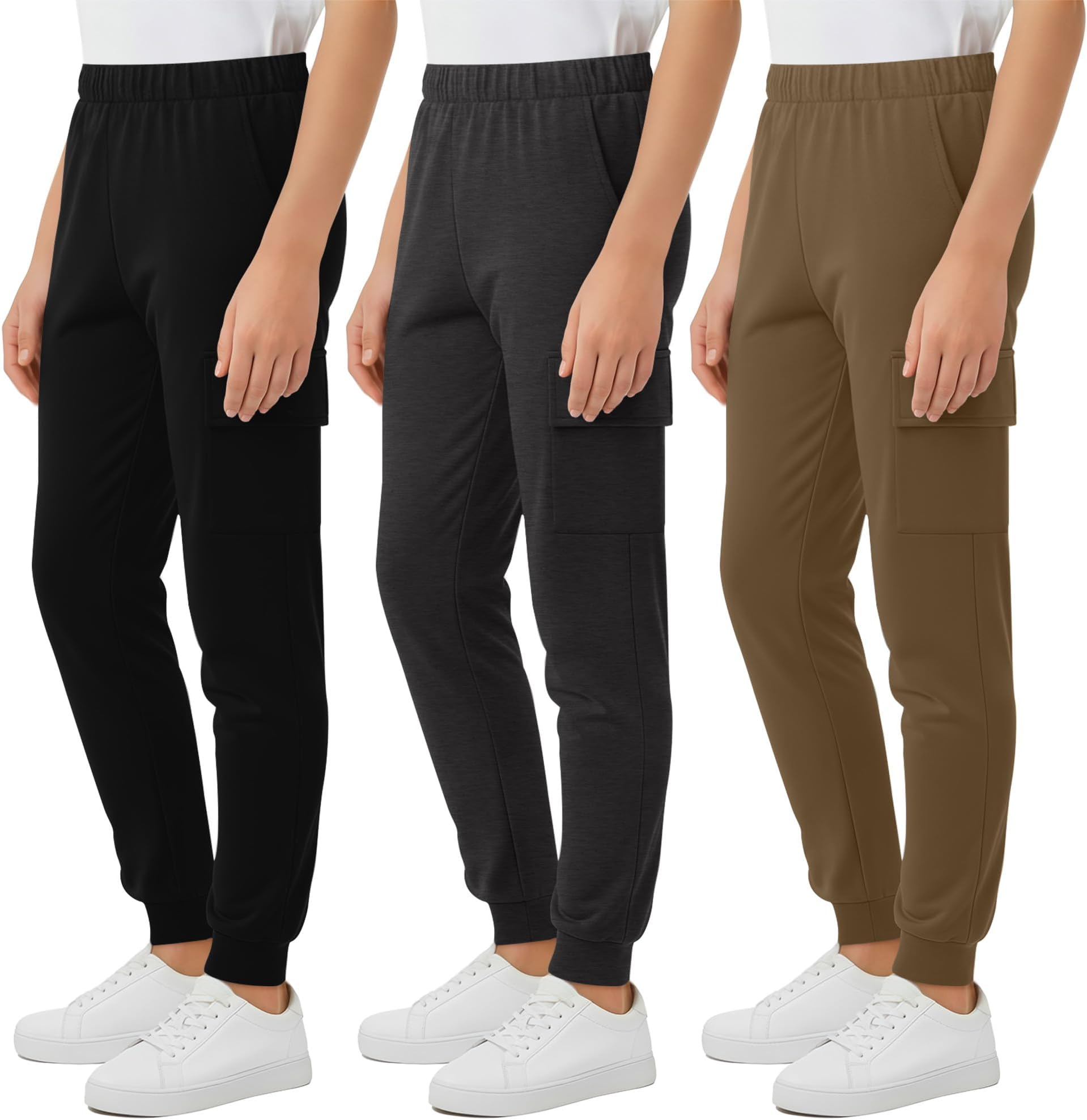 3 Pack Boys' Cargo Sweatpants Kids Casual Joggers Pants with Pockets Elastic Waist Track Cuffed Athletic Pant 5-14Y