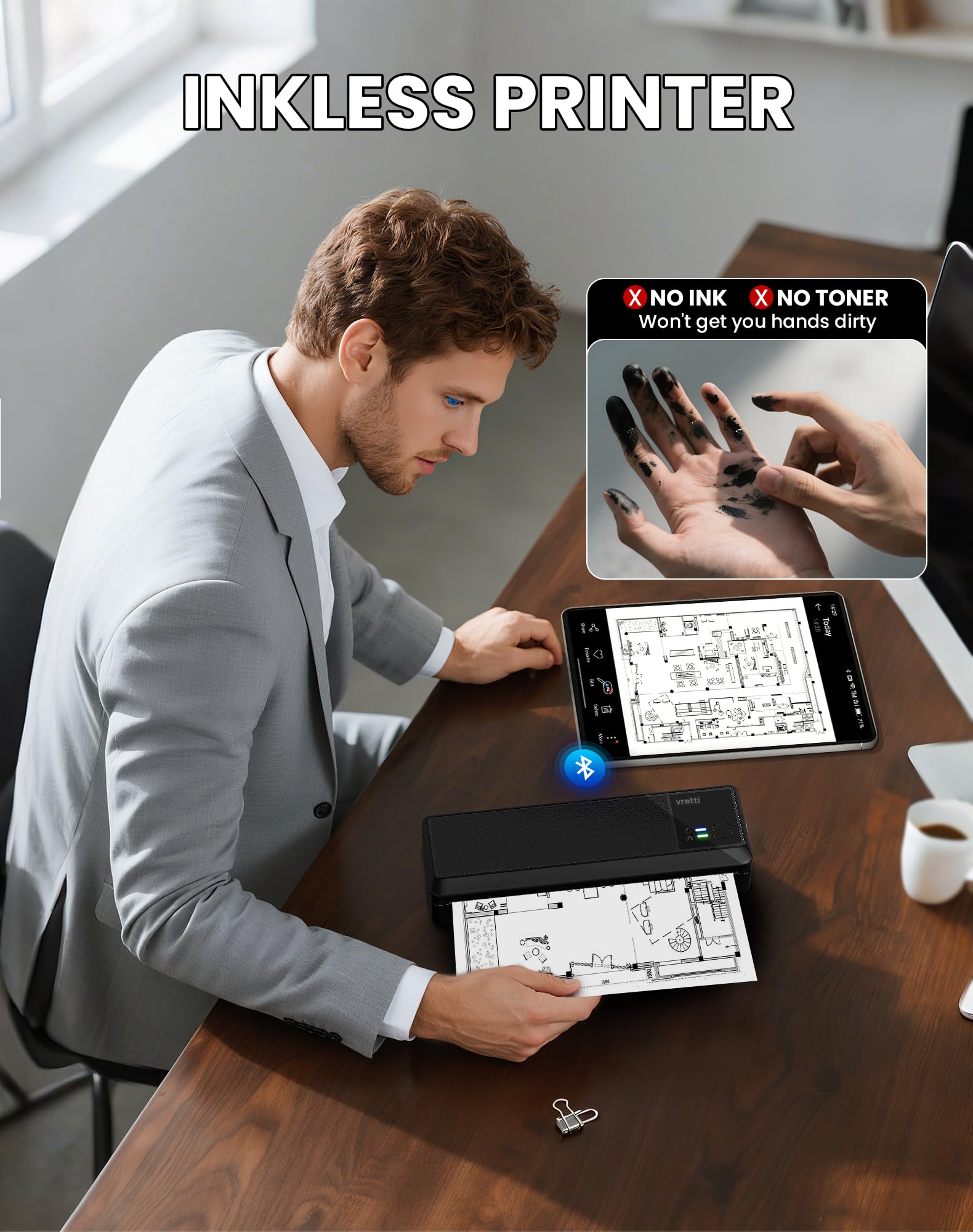 vretti Stampante Termica Portatile A4 Bluetooth Android/iOS