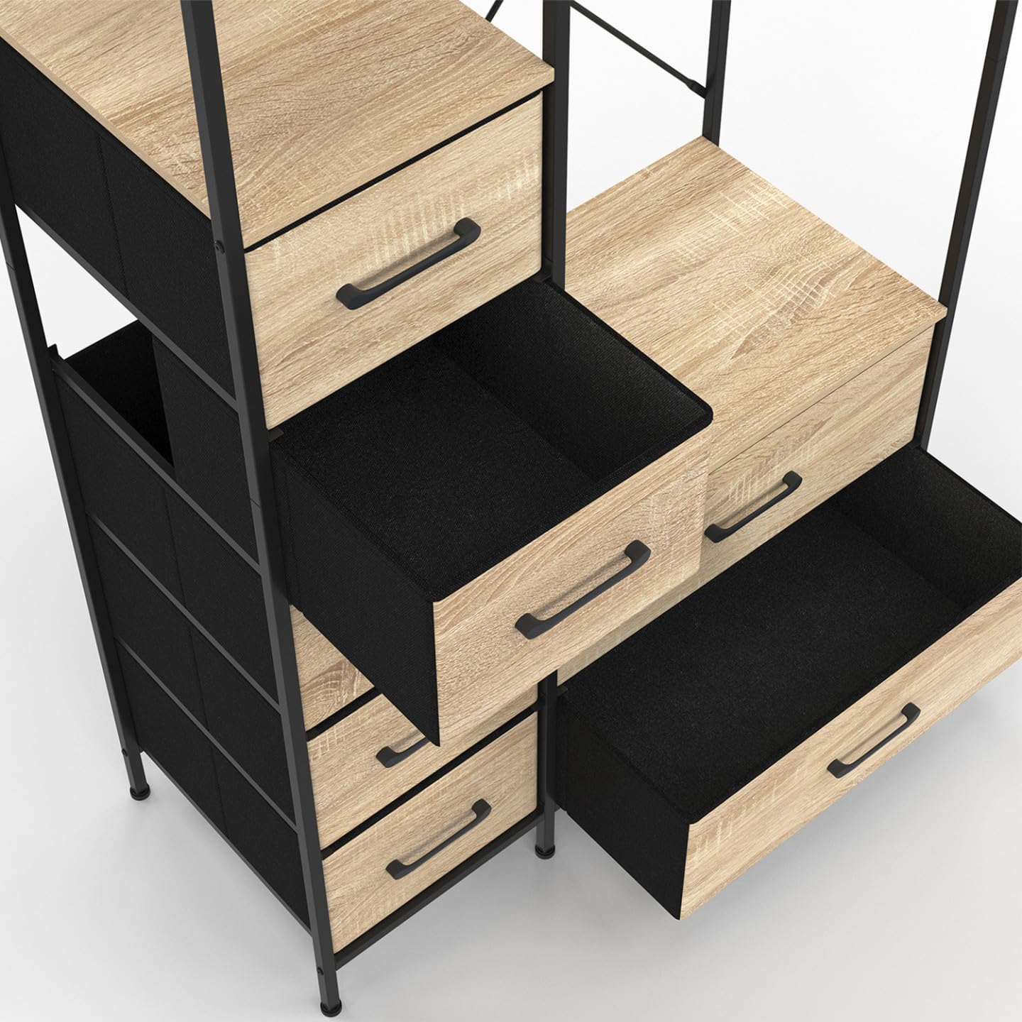 IDMarket - Armario de vestidor + columna B. 90 cm UTAH con 2 estantes y 7 contenedores de tela en madera y negro