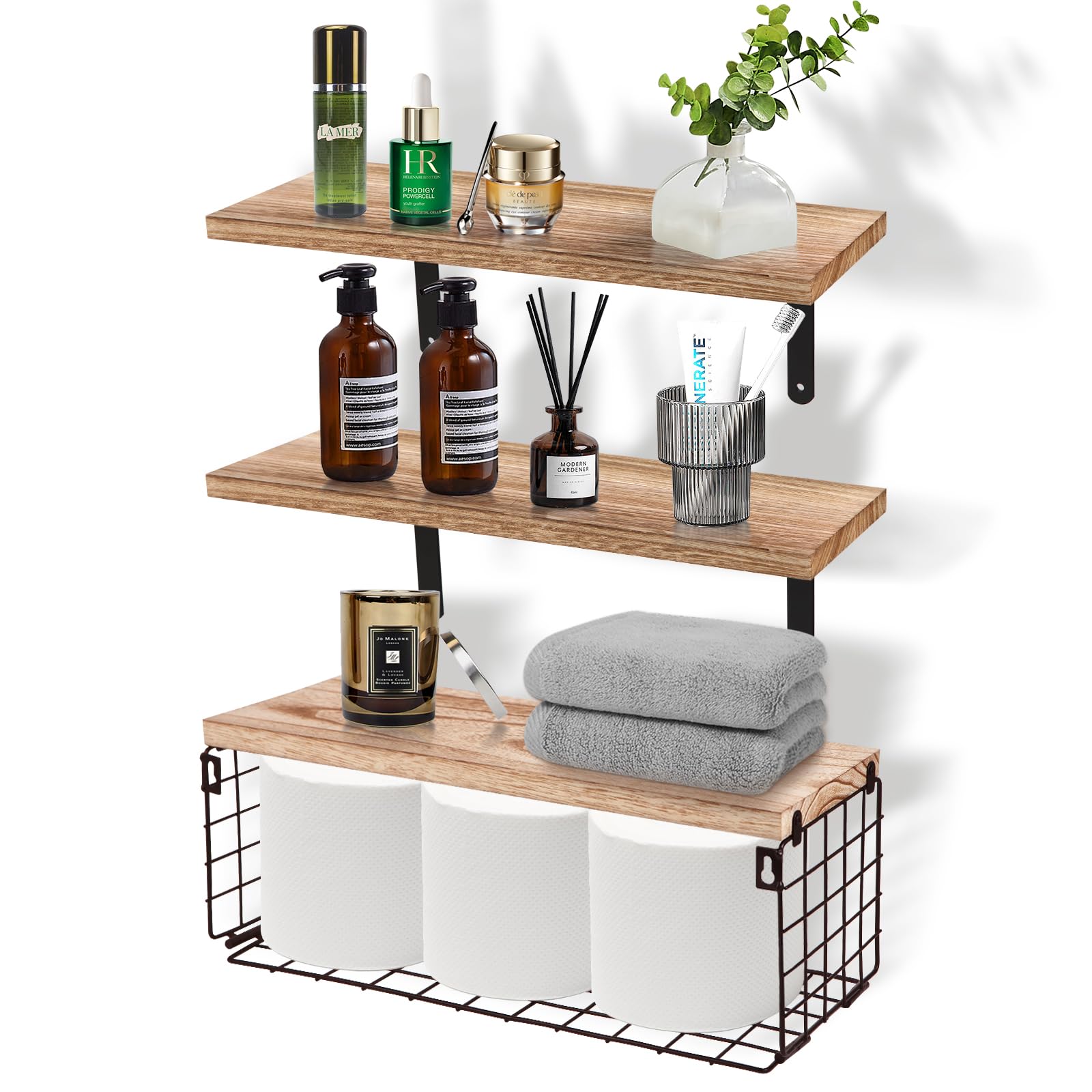 Photo 1 of 2?1 Tier Wall Mounted Floating Shelves with Wire Storage Basket, Bathroom Shelves Over Toliet, Rustic Wood Shelves for Living Room, Bedroom, Kitchen, Wall Decoration