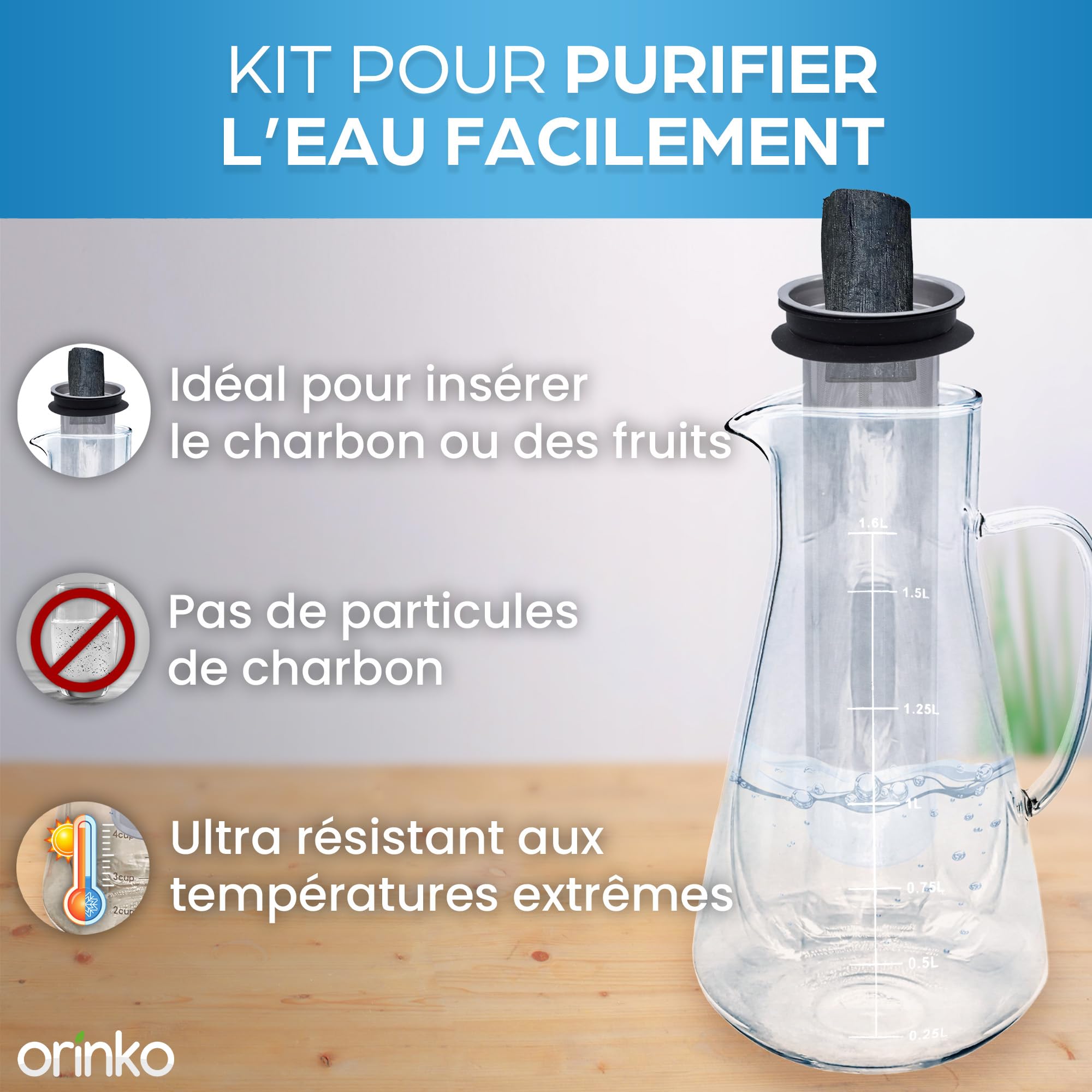 ORINKO Kit de Purification d'Eau : Binchotan et Carafe en Verre, Binchotan de Kishu Bio 40 g avec Carafe Filtrante 1,6 L, Charbon Actif Japonais pour Eau + E-Book