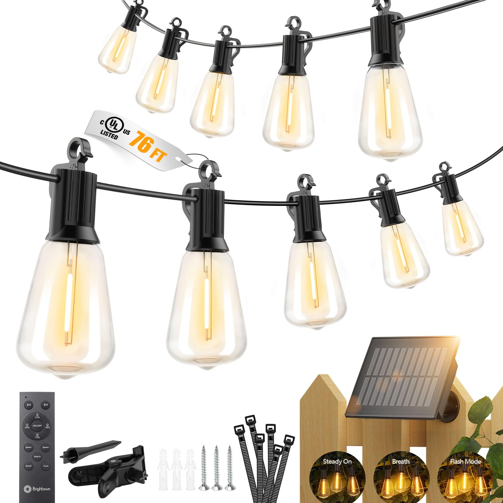 Brightown 76FT Solar String Lights Outdoor Waterproof, Patio Lights with Remote and 23+1 LED Shatterproof Bulbs, Dimmable & Timable, 3 Light Modes, Solar Lights Outdoor for Yard Camping Party Outside