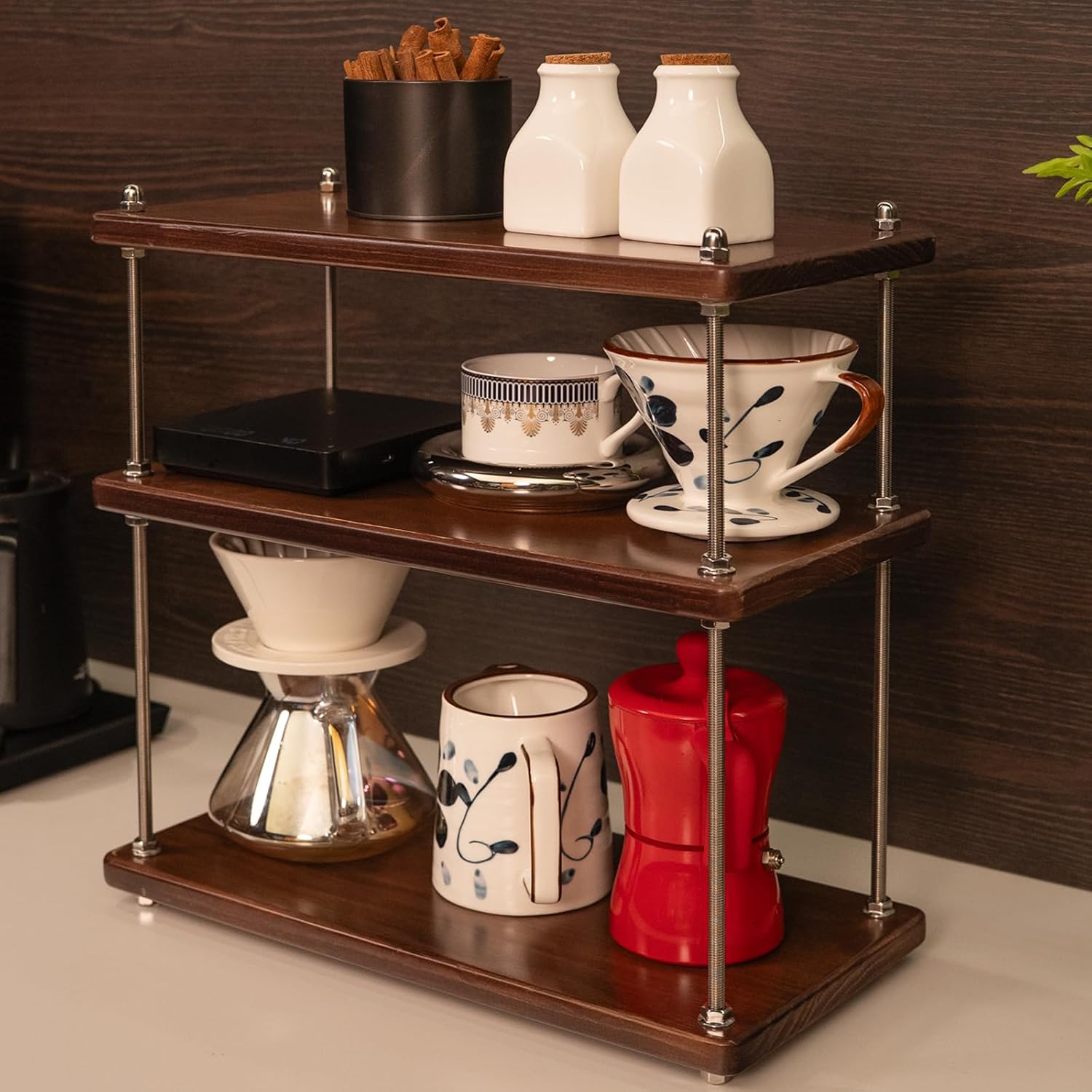 Solid Wood Coffee Bar Shelf/Rack for Countertop, 3 Tier, Walnut