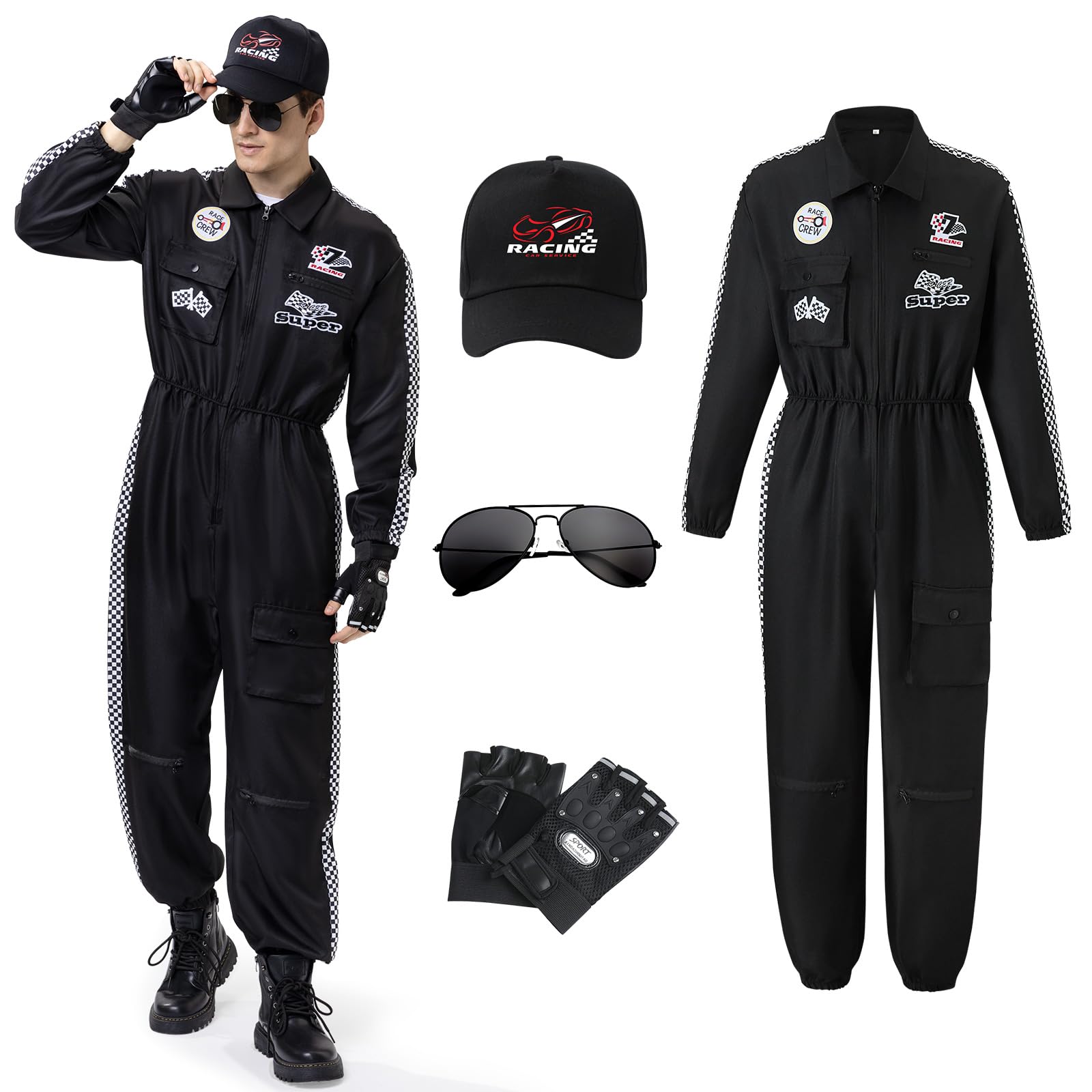 BuzzoXerex Disfraz Piloto Carreras Hombre, Disfraz de Conductor de Coches Adulto con Guantes, Gafas de Sol, Sombrero Costume da Pilota para Carnavales (Negro, 2XL)