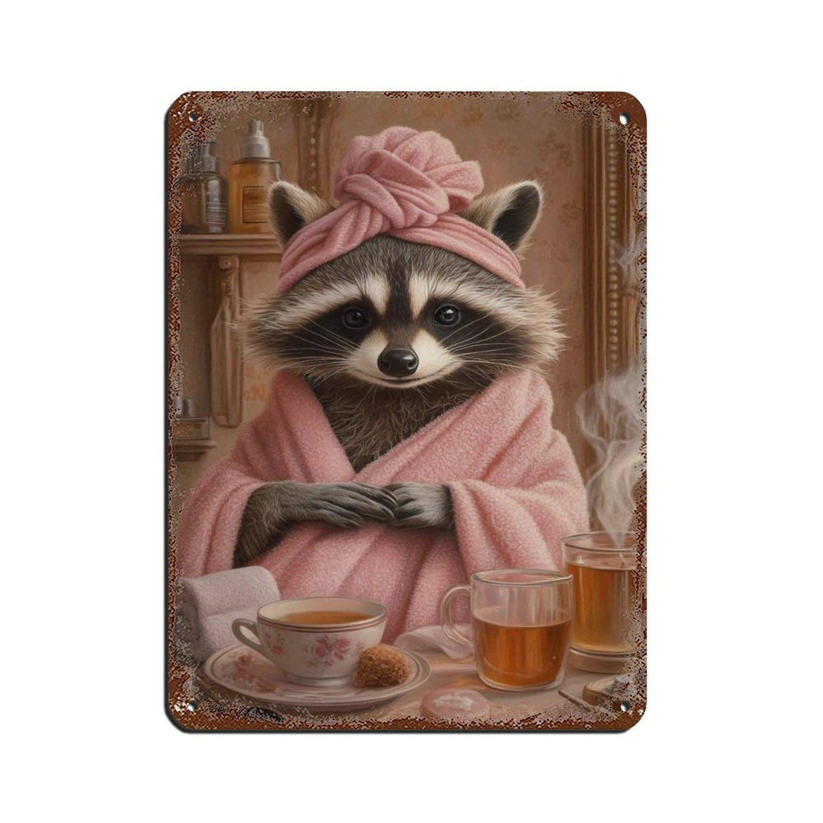 Lxwnze 30L X 40W Cm Cute Raccoon In Spa,Cozy Bathroom Decor Tin Sign Vintage Metal Pub Club Cafe Bar Home Wall Art Decoration Poster Retro 12X16inch(30X40cm)