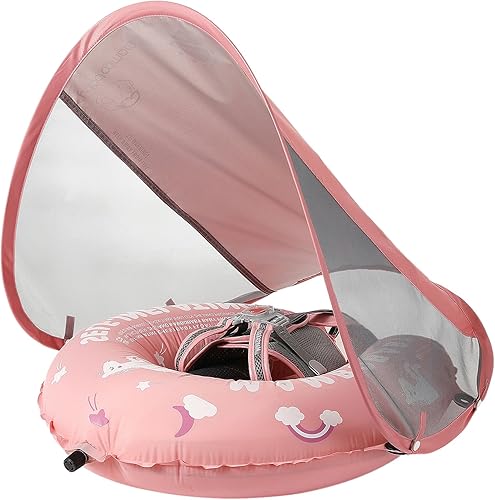 Mambobaby Float - Flotador de piscina para bebé autoinflable con toldo comprimible para piscina, flotador de natación suave y sólido con toldo de