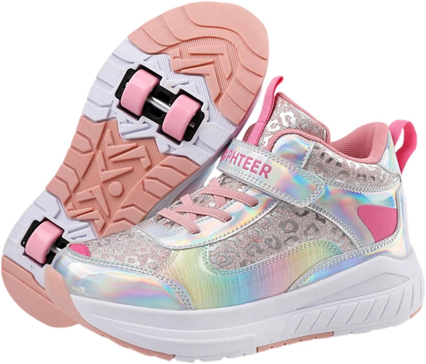 Kids Roller Skate Shoes for Girl Boy, Leopard Print Mid-Cut Trainer Roller Skates Adult Teenager with 4 Detachable Wheels, Nylon Buckle Outdoor Running Sneakers