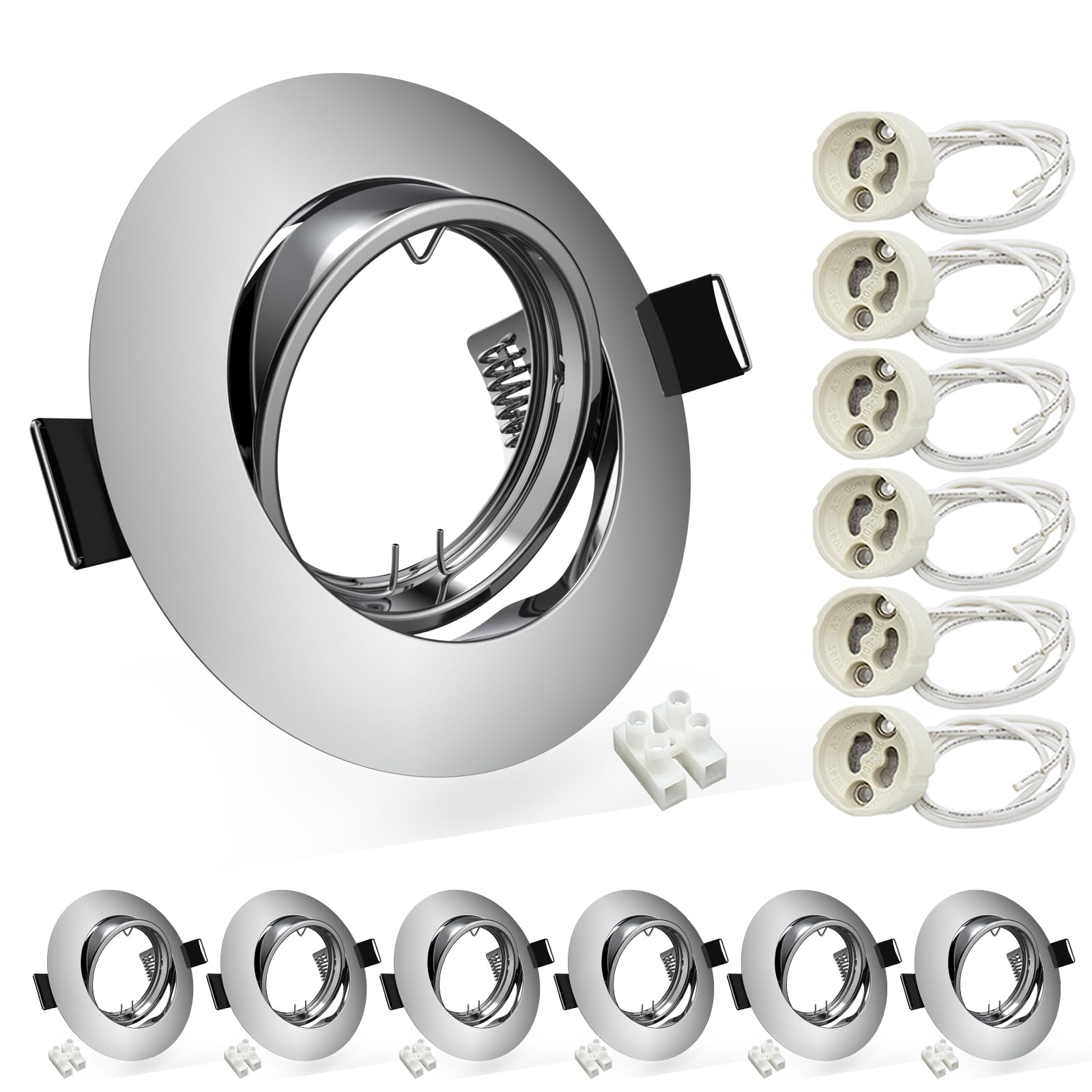 Wondlumi 6er Set Einbaustrahler LED GU10 Rahmen LED Spots 230V Chrom Rund Schwenkbar Deckenspots inkl. Fassung für GU10 Brine