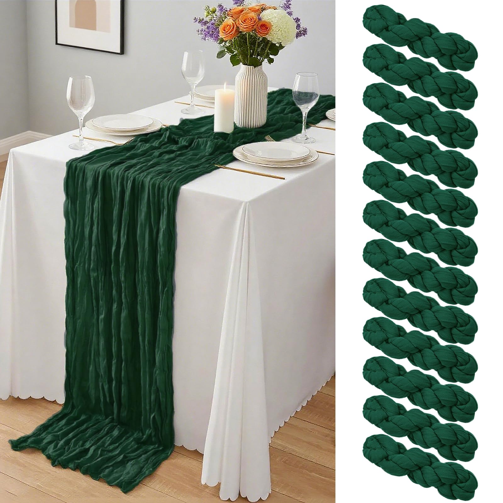 Photo 1 of 12 Pack Dark Green Cheesecloth Table Runner 10Ft, Christmas Table Runner 21.5 X 120 inch, Semi Sheer Cheese Cloth Fabric Boho Table Runner Bulk for Christmas Decorations,Bridal Shower,Wedding