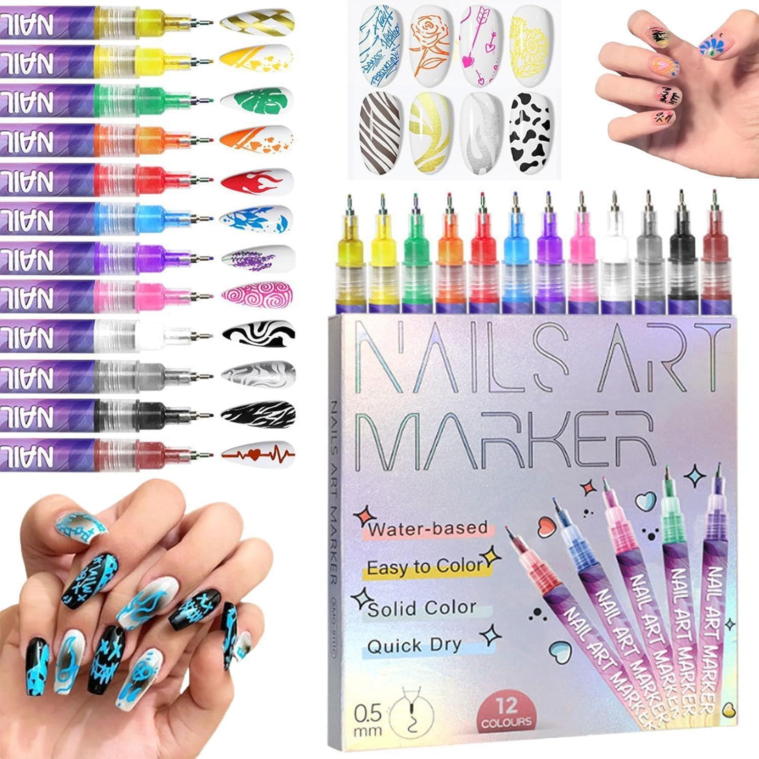 - 12 Colors Nail Art Marker Pens Set, Nail Markers for Nail Art, Suitable for Nail Art, Nail Painting, And Artistic Decorations; Suitable for Both Children And Adults, Nail Art Pen Set for Beginners