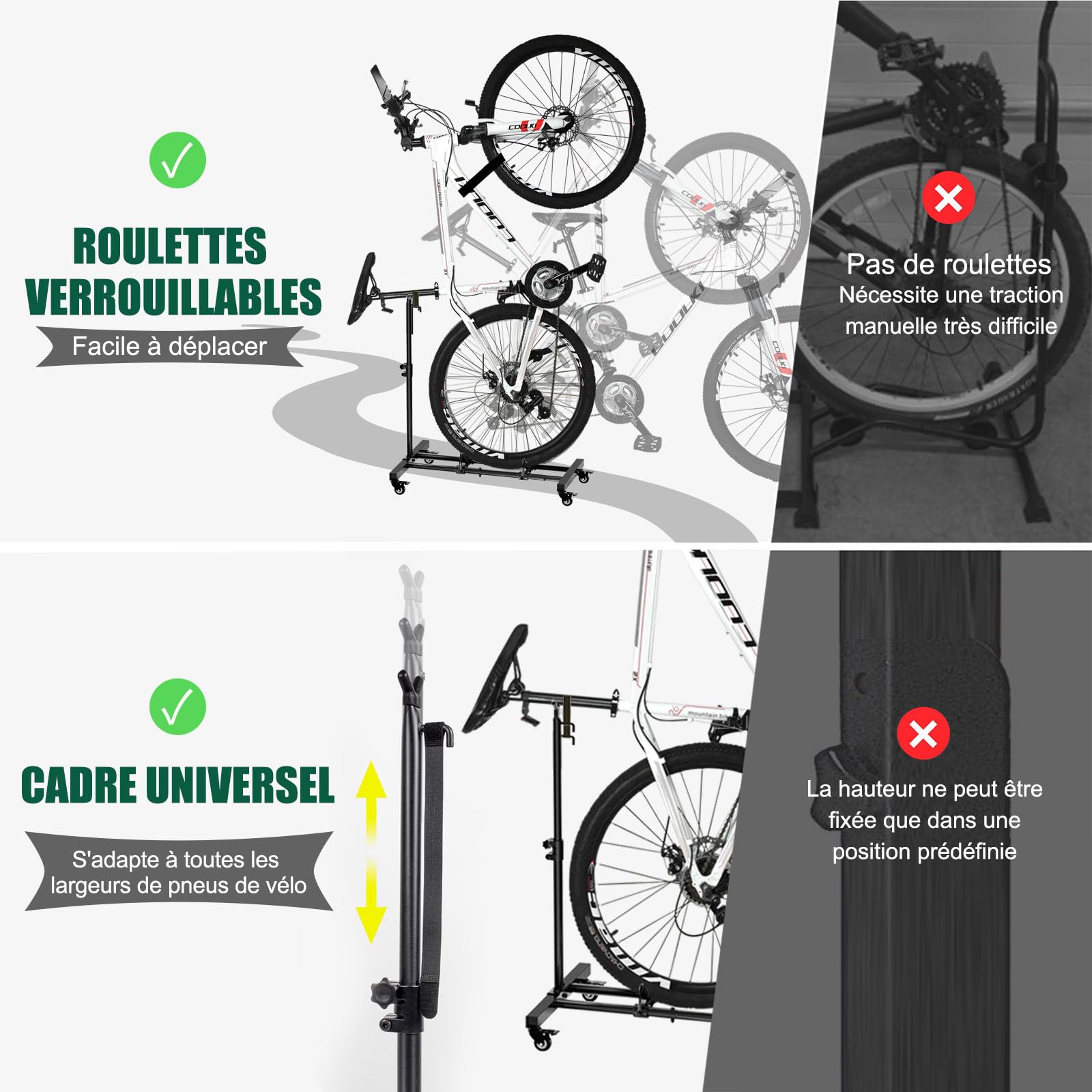 Mimoke Support vertical pour vélo - Support de sol pour vélo avec roues verrouillables, hauteur réglable, pour tous les types de vélos jusqu'à 4 pouces de largeur de pneu,