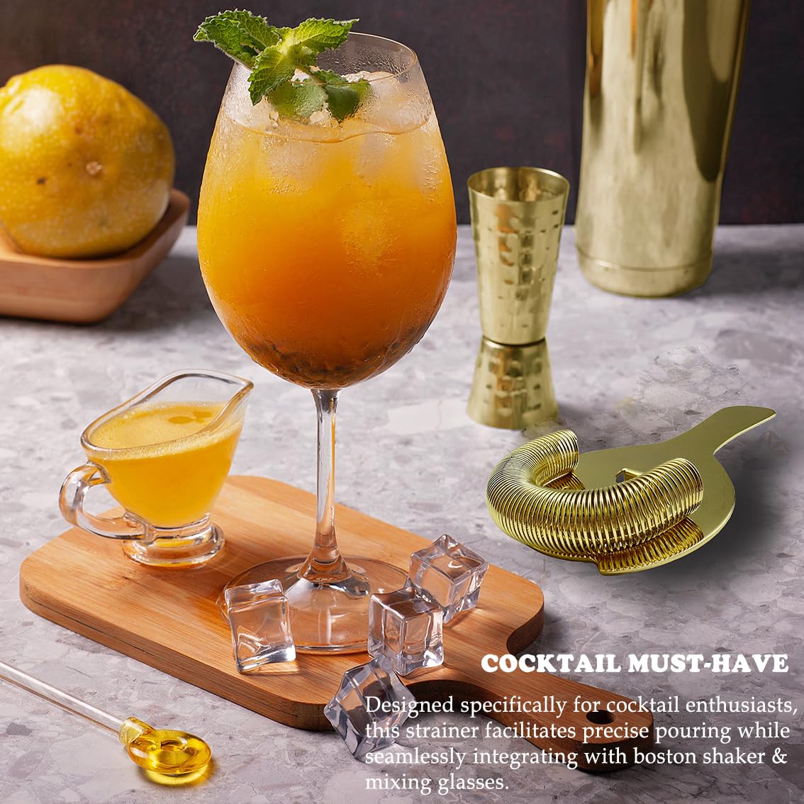 Colador de cóctel dorado para bebidas, colador Hawthorne de 2 puntas con resorte extraíble, acero inoxidable, colador de bartending 3