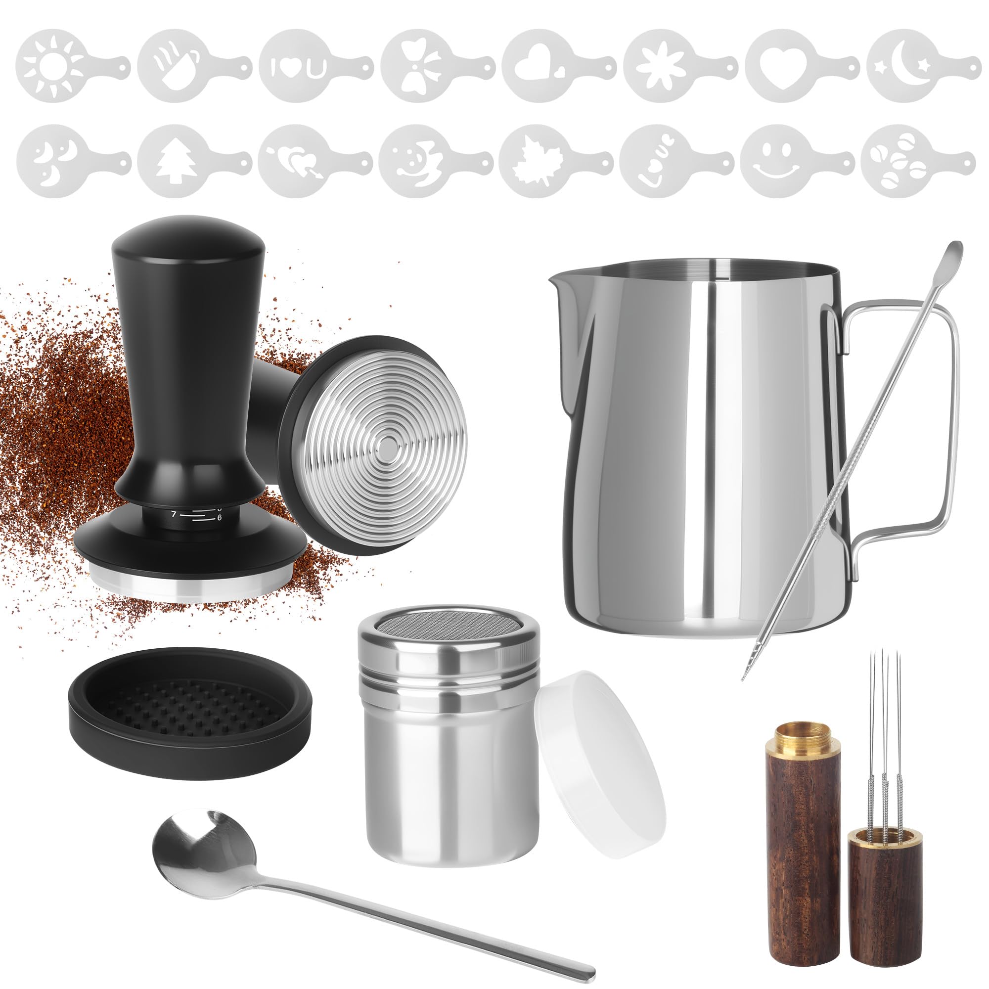 Set di Tamper per Caffè da 51 mm, Kit di Accessori per Espresso con Brocca per Schiumare, Strumento per Manomissione Caffè, Agitatore per Caffè, Penna per Latte Art, Tappetino, 16 Stencil per Caffè