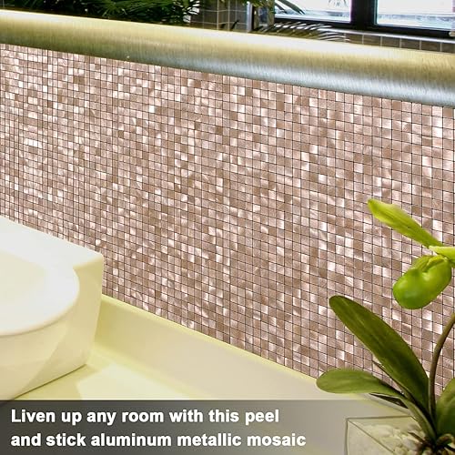 Miniatura 3 de BeNice Adhesivos para azulejos de salpicadero para cocina, baño, azulejos metálicos pequeños, cuadrados, 10 hojas, oro rosa, cobre