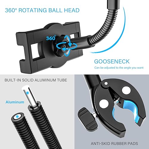 Miniatura 6 de Soporte para tableta para manillar para silla de ruedas de motocicleta, brazo de cuello de cisne de metal, abrazadera de montaje de bicicleta para
