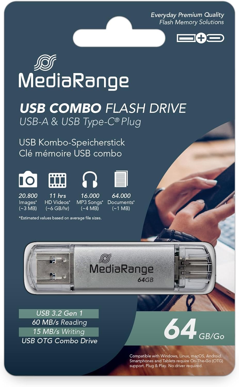 MediaRange MR937 USB Stick 64GB Silver Combo Flash Drive USB 3.1 + Type C
