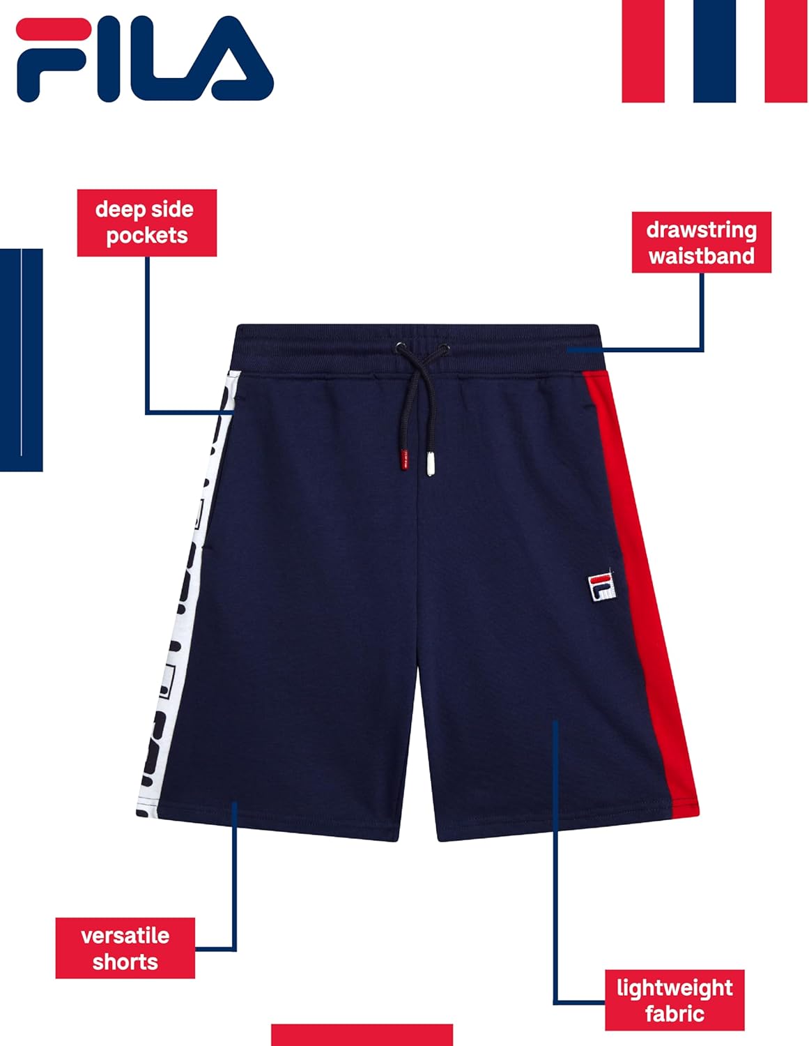 Fila Erkek Çocuk Spor Şortu - File Kumaşlı, İpli ve Yan Cepli Koşu ve Basketbol Şortu (Bedenler: 10-20)