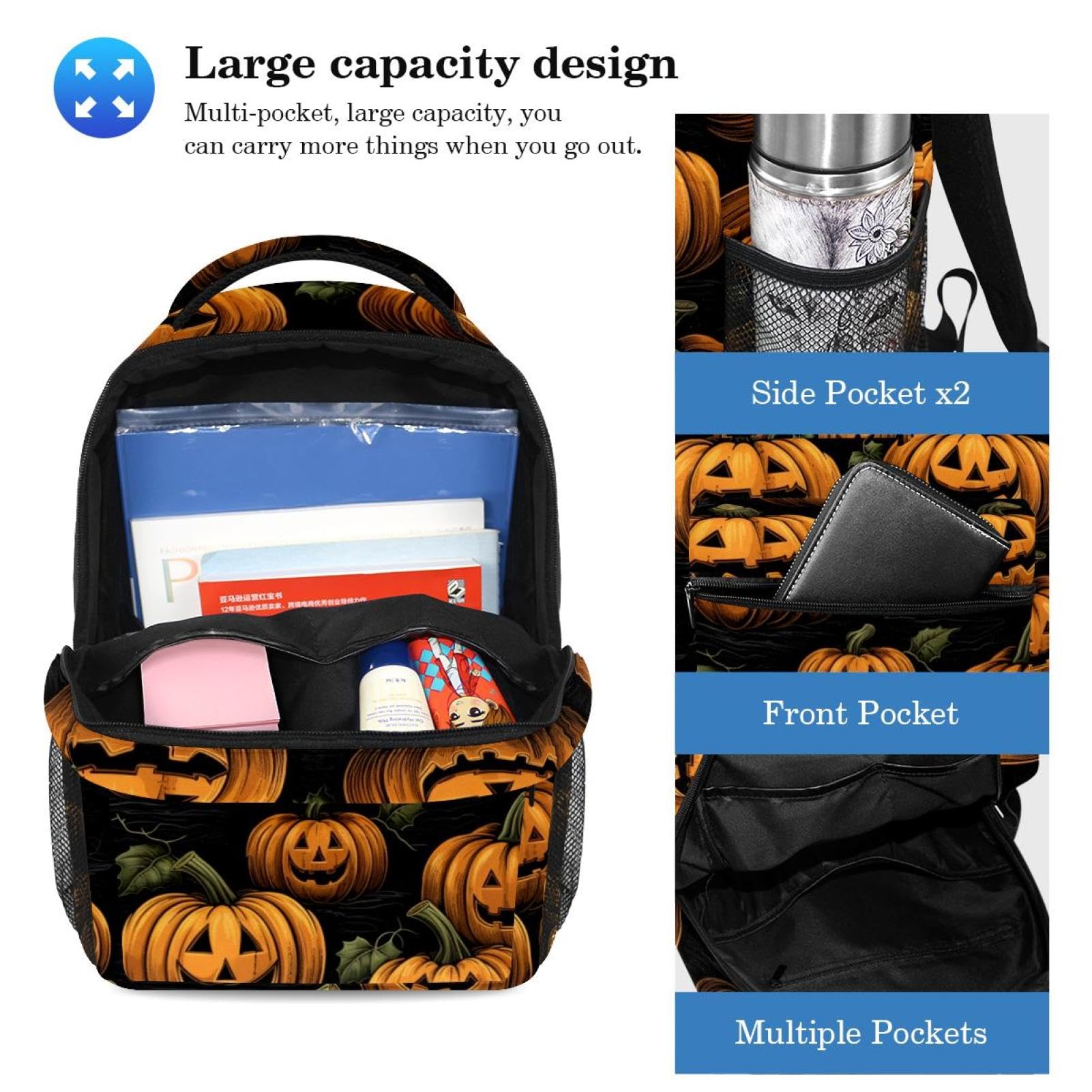 Halloween dynie bagaż i sprzęt podróżny zestaw toreb szkolnych - plecak i piórnik, idealny dla studentów, dzieci, chłopców, dziewcząt, Wielokolorowy #02, B：29.4x20x40cm P：19x7.5x3.8cm, Plecaki na co