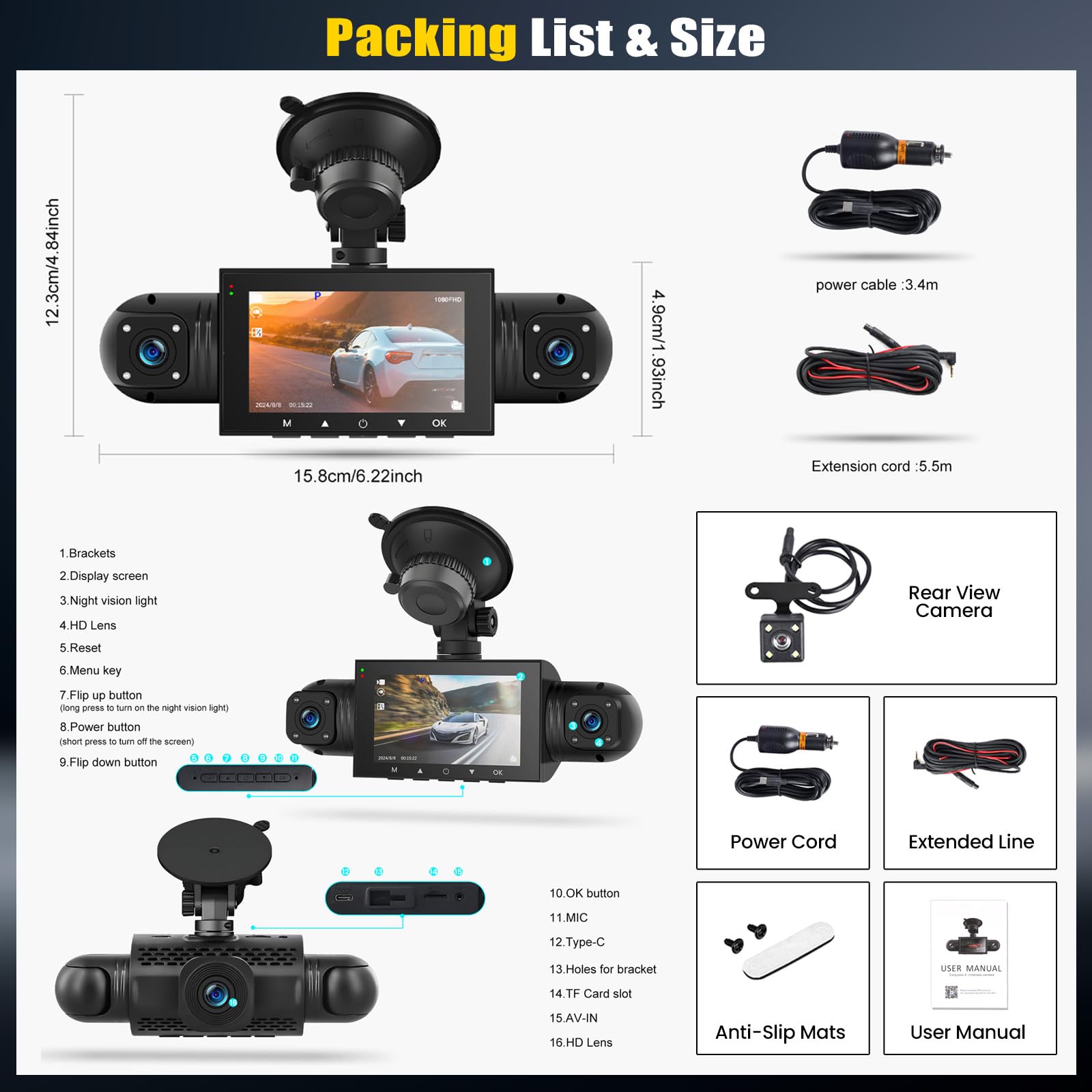 4 Canali 360° Dash Cam Auto con APP, Telecamera per Auto da 3 Pollici 1080P con Visione Notturna IR, Video in Loop, G-Sensore, Ausilio al parcheggio