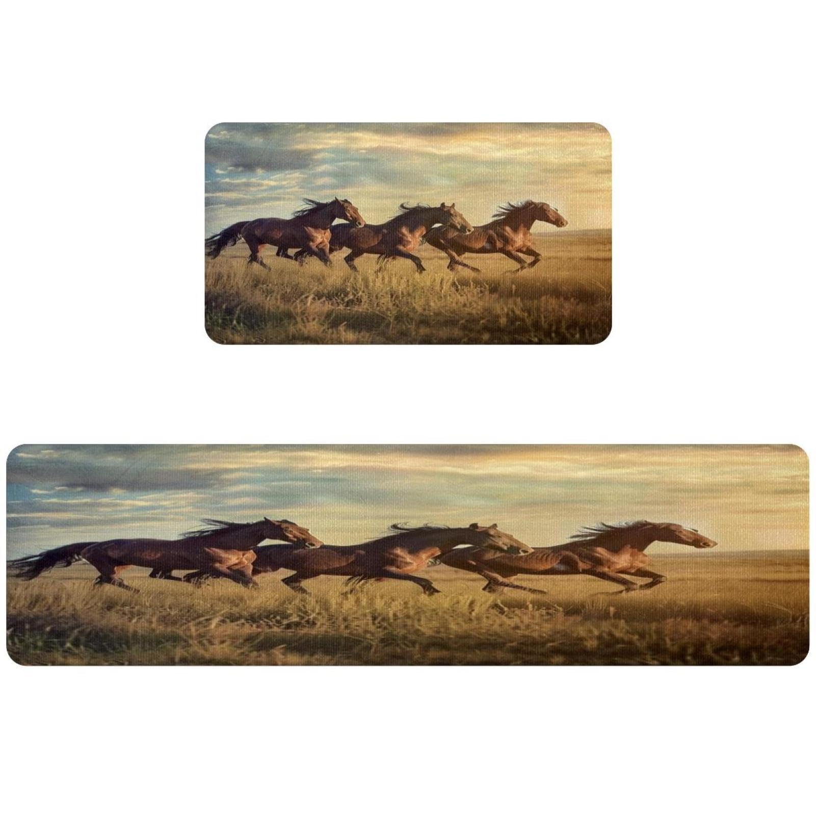 Alfombra de cocina lavable que evita resbalones con diseño de caballos en pastizal
