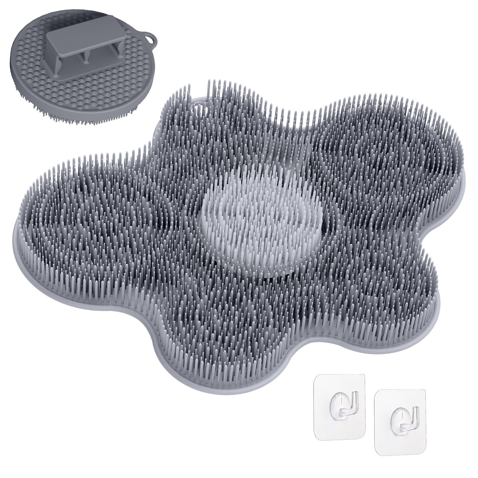 Juego de alfombrilla de silicona para pies de ducha y limpiador corporal de silicona, limpiador de espalda grande montado en la pared para limpiar, exfoliar y masajear sin doblarse (gris +