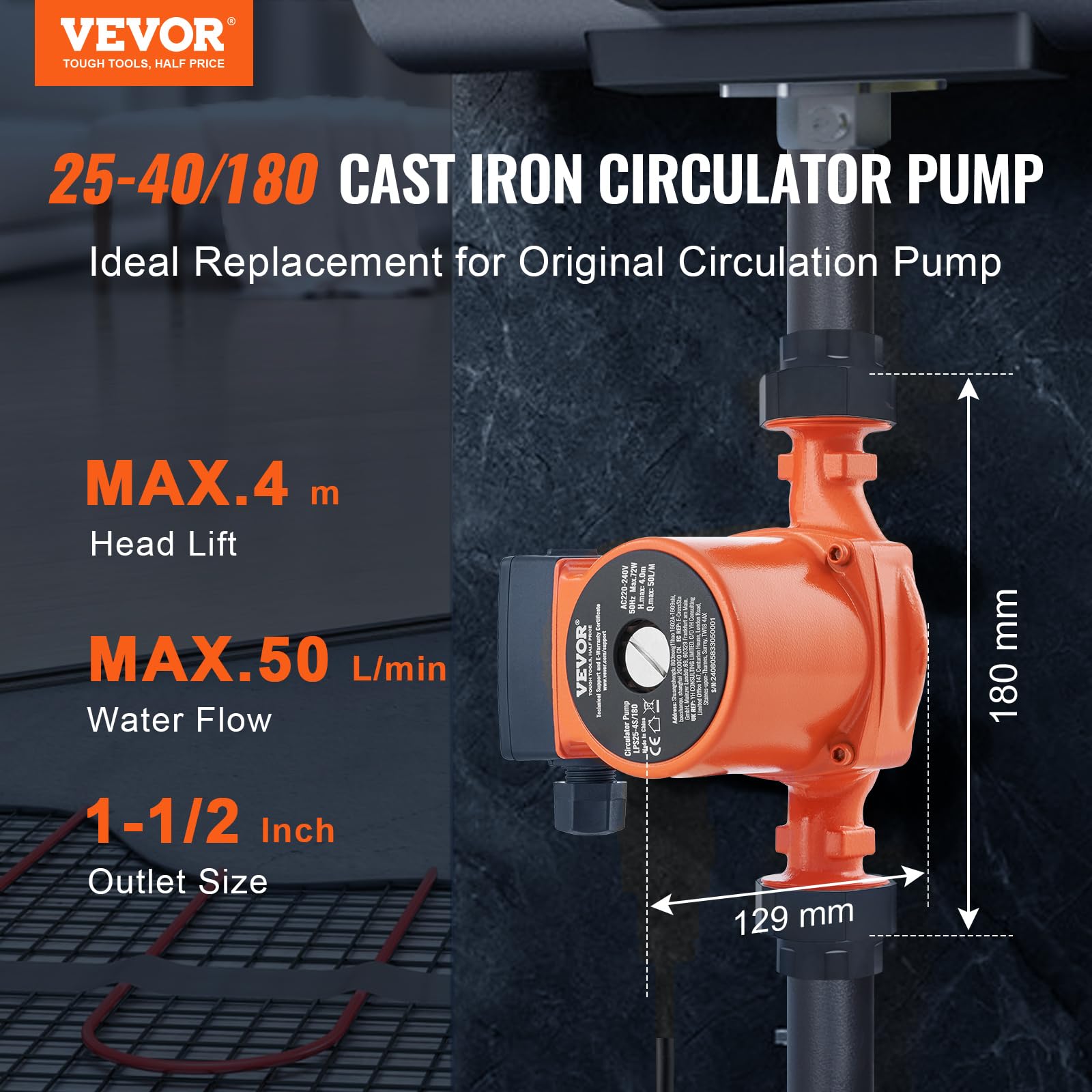 VEVOR Heizungspumpe 4 m Förderhöhe, 220 V, 72 W, 50 l/min, Warmwasser-Umwälzpumpe, 1-1/2 Zoll NPT-Gewinde, 3-Gang-Umwälzpumpe, IP44 leiser Betrieb, Umwälzpumpe für Warmwasserbereitersystem im Haus