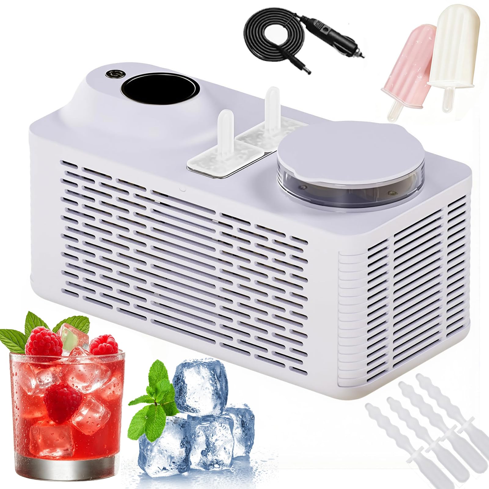Mini Ice Pop Maker Machine, Tragbare Eismaschine mit 14 Stück Eis am Stiel Form, 2 Eis am Stiel in 25 Minuten, DIY Hausgemachte Eis Popsicle Machen für Zuhause, Auto, Camping, Büro Weiß
