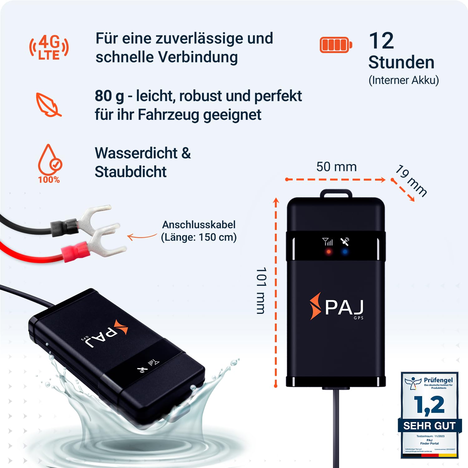 4G Motorrad und Fahrzeug GPS Tracker, Vehicle Finder 2.0 von PAJ GPS, Direktanschluss 9-75 V, Live-Ortung per App, 365 Tage Streckenspeicher, Alarmmeldungen direkt auf Ihr Handy