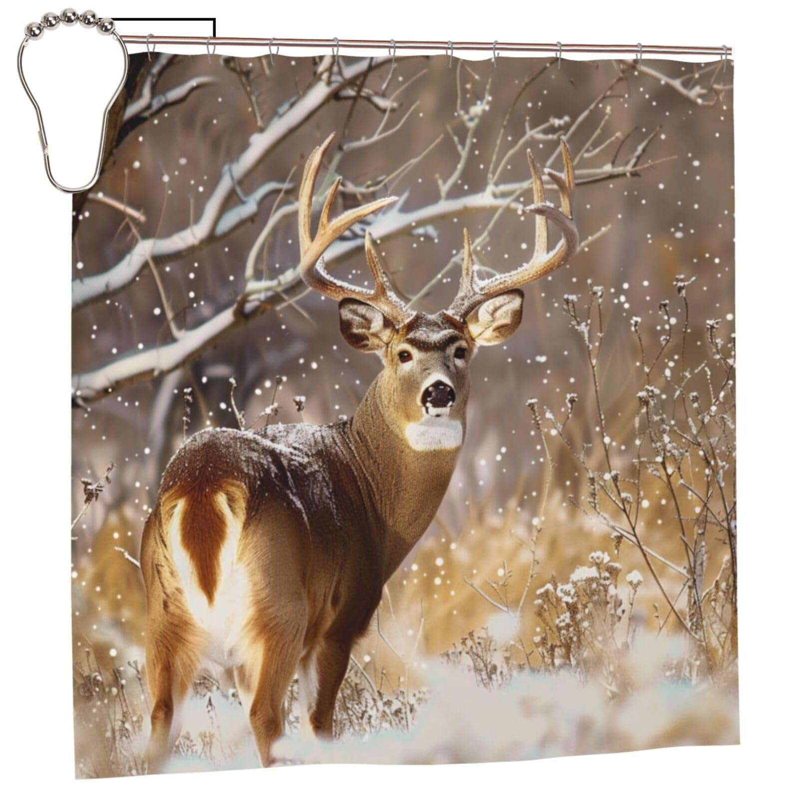 BWWHCCTI Free Whitetail Deer Printed Shower Curtain With 12 Iron Hooks Opaque Quick Drying Waterproof Shower Curtains Sets For Bathroom 183x183 CM