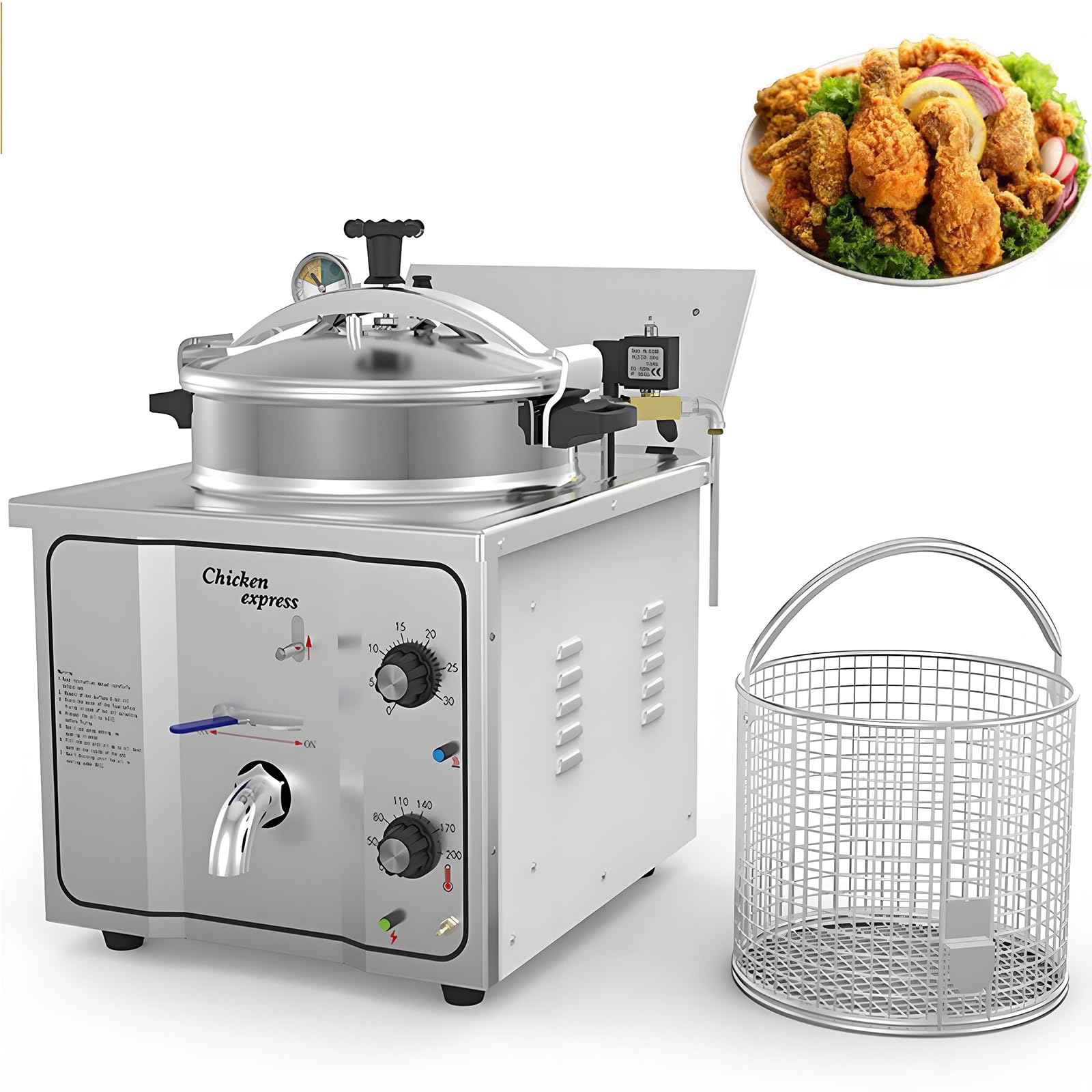 AYCDL High Pressure Fried Chicken Stove, 3000W Temperature Controlled Stainless Steel Pressure Fryer for Commercial Kitchen with Timer and Basket
