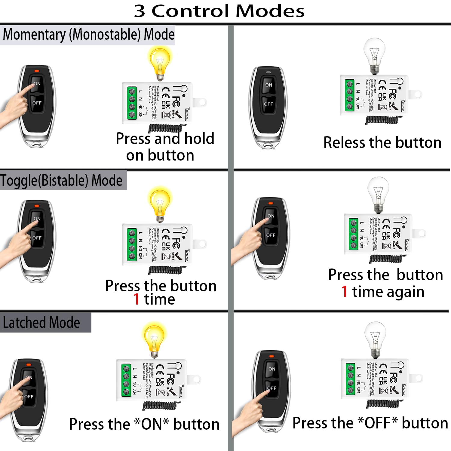 Interruptor de control remoto inalámbrico de 433 MHz CC 6V 24V 36V CA 12V 24V 10 A receptor de relé y 2 transmisor para iluminación LED de electrodomésticos