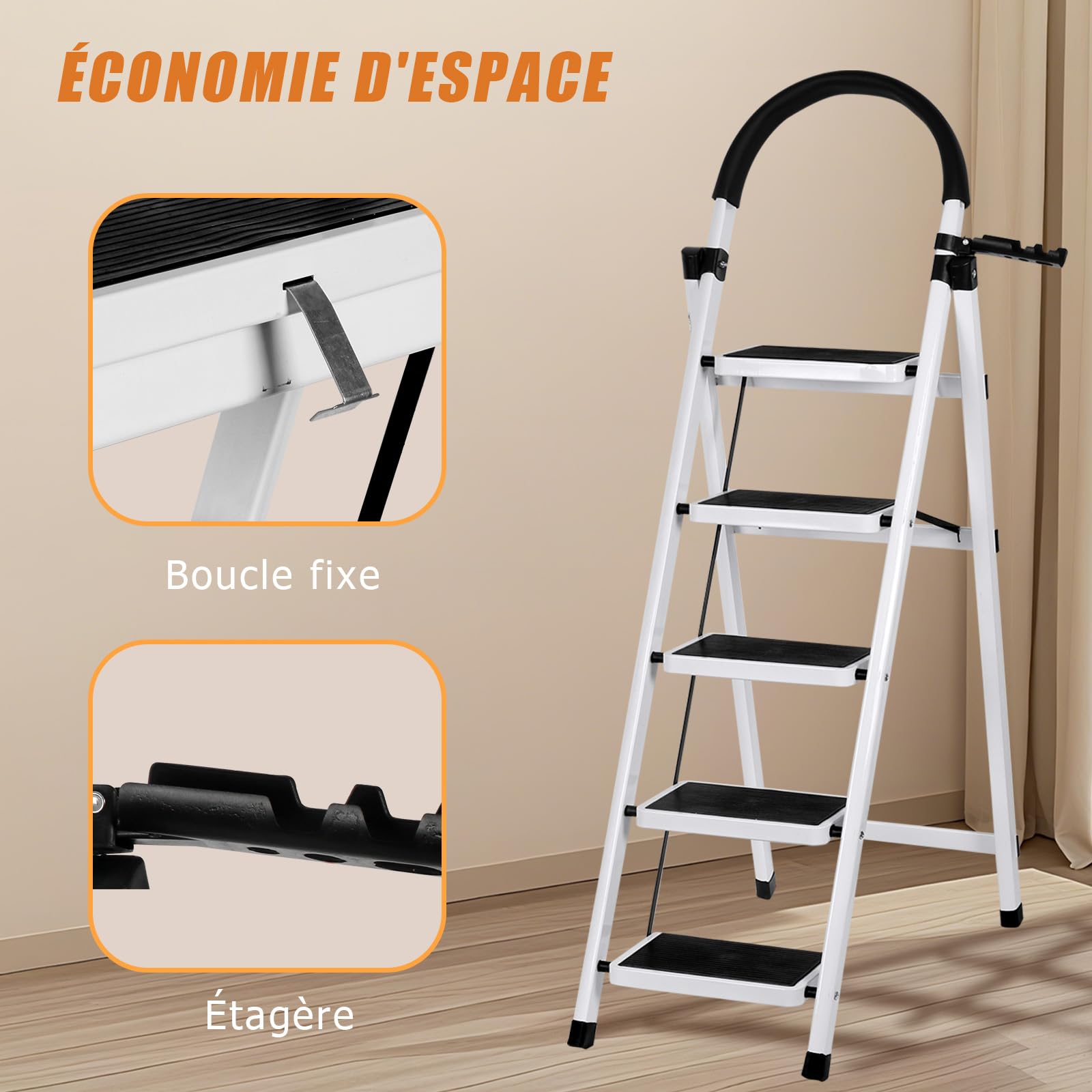 Escabeau Robuste avec Main Courante de Sécurité,Capacité de Charge 160kg,Tabouret Pliant Portable Marches en Caoutchouc Antidérapant Pédales(B) 152 x 87 x 39 cm – 5 étapes (Blanc)