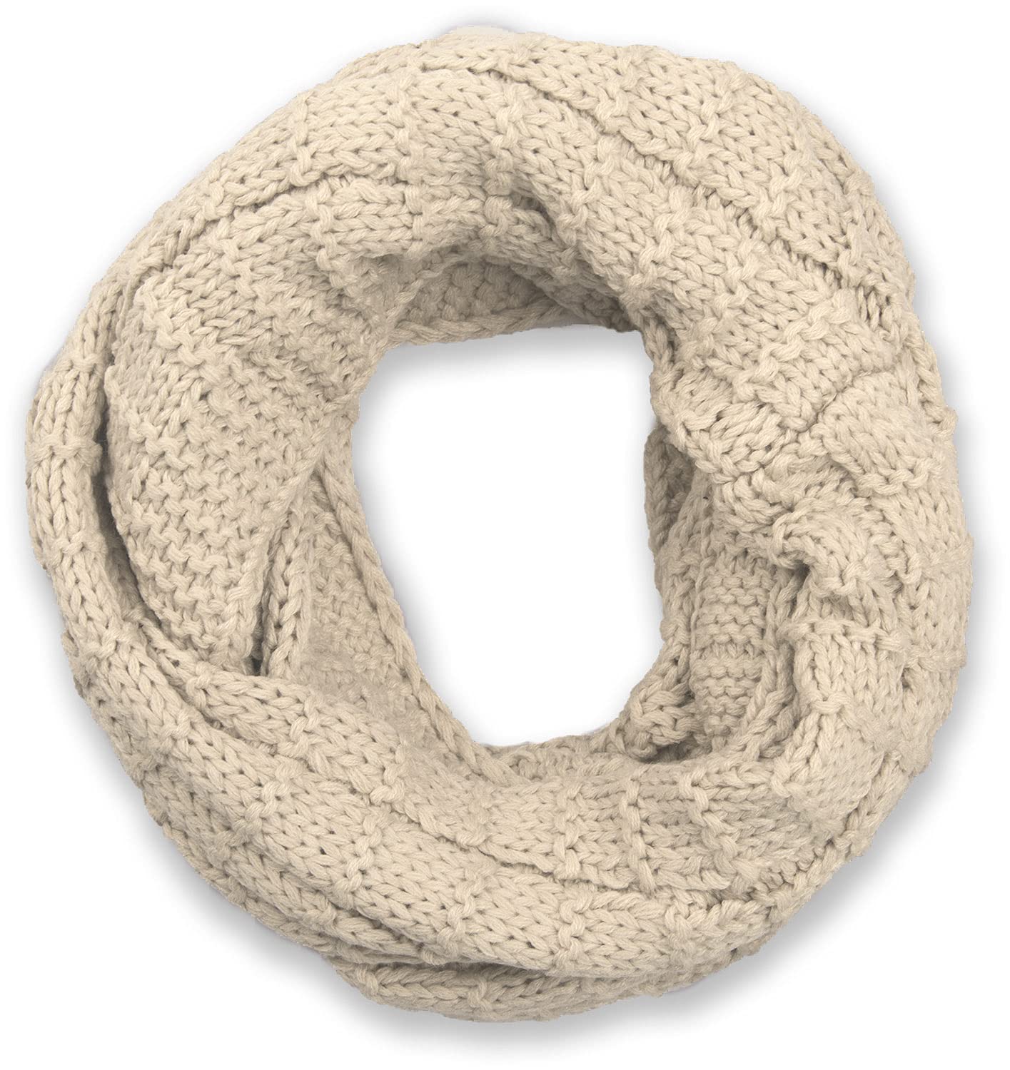 Stylebreaker Women's Beige Knitted Loop Scarf Checkered, Plain Fine-Knit Snood, Winter Knitted Scarf, Unisex 01018154, Colour: