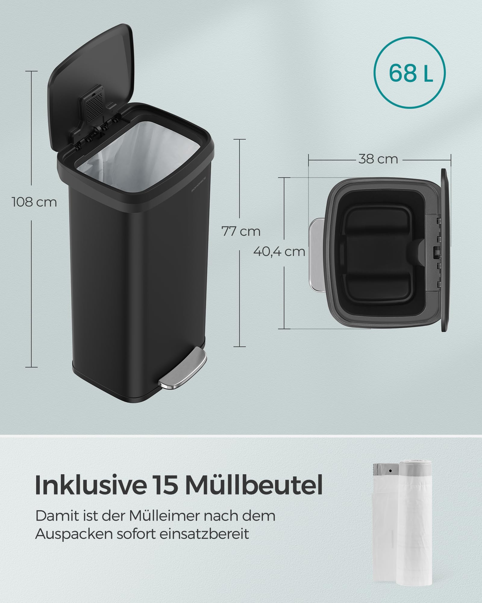 SONGMICS Mülleimer Küche, 68 Liter Abfalleimer, Tretmülleimer aus Metall, mit Deckel, hoch, schmal und geräumig, schwarz LTB520B6802