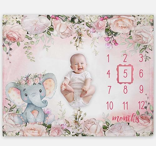 Yuzioey - Manta mensual para bebé niña, diseño de elefante floral para baby shower, manta de flores con tabla de crecimiento mensual, incluye