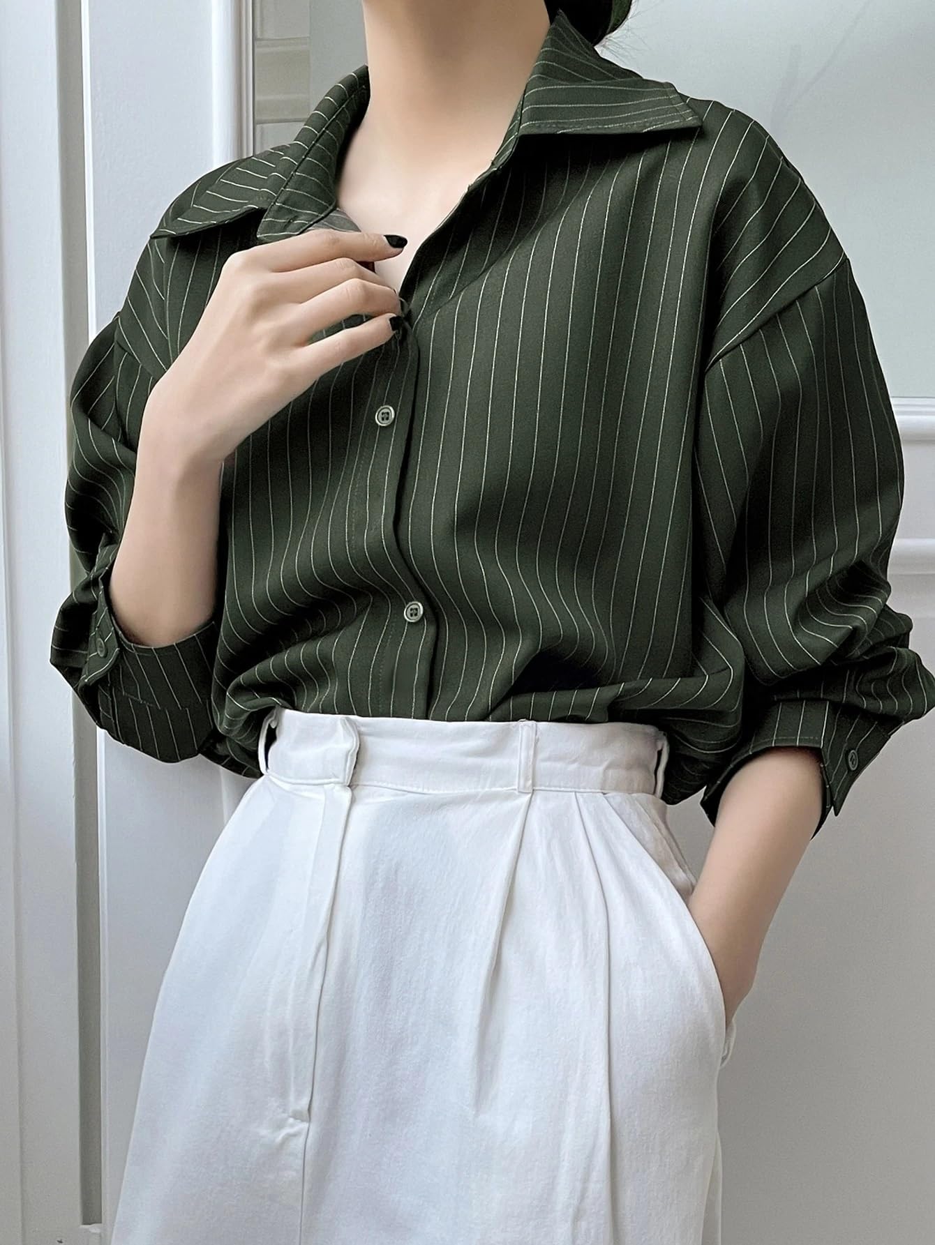 GRECIILOOKS Gestreiftes Damenhemd, koreanischer Stil, langärmelig, Übergröße, Knopfleiste, Bluse, Übergröße, für Büro, Freizeit
